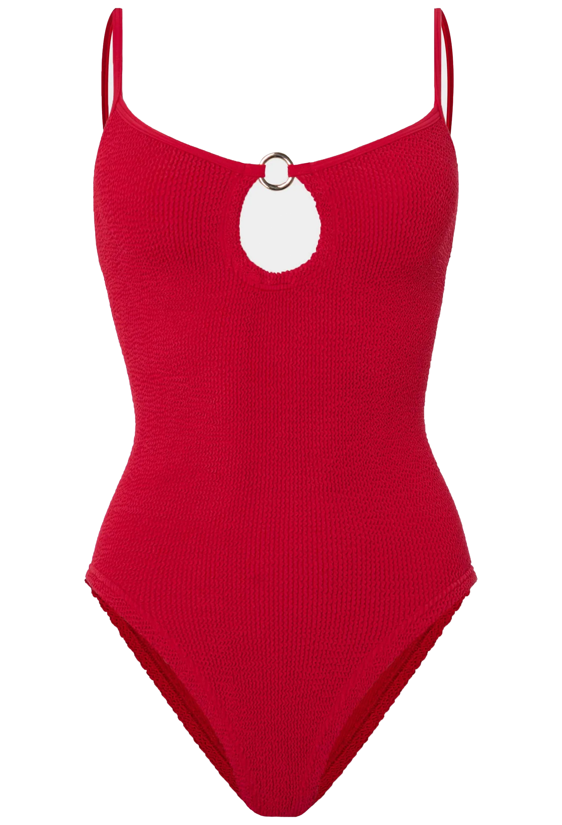 Red swimsuit with a white circular cutout on a white background