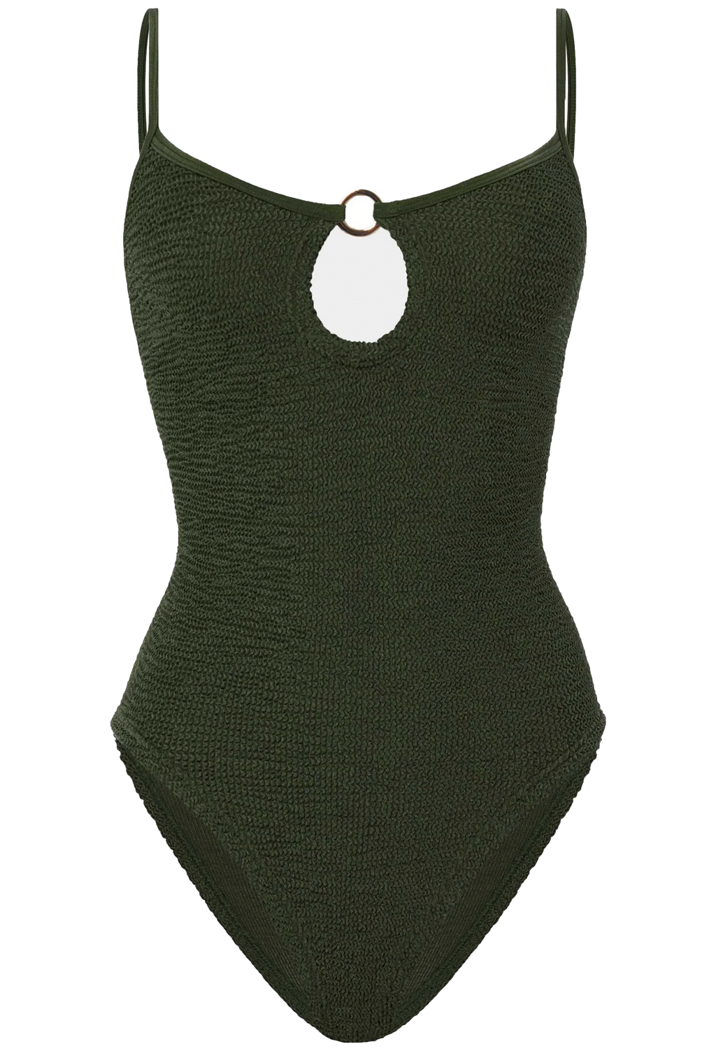 Green ribbed swimsuit with thin straps on a white background