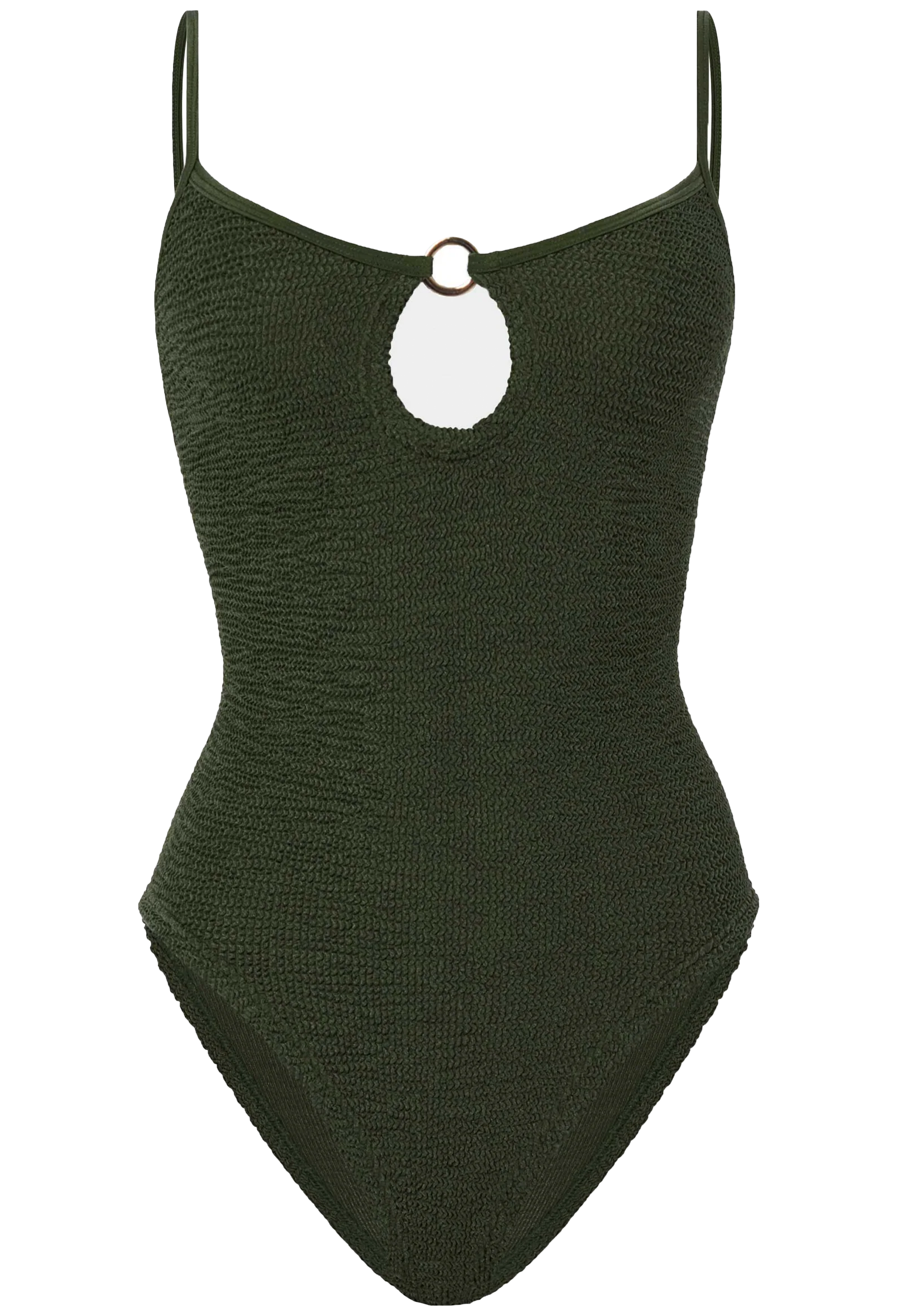 Green ribbed swimsuit with thin straps on a white background