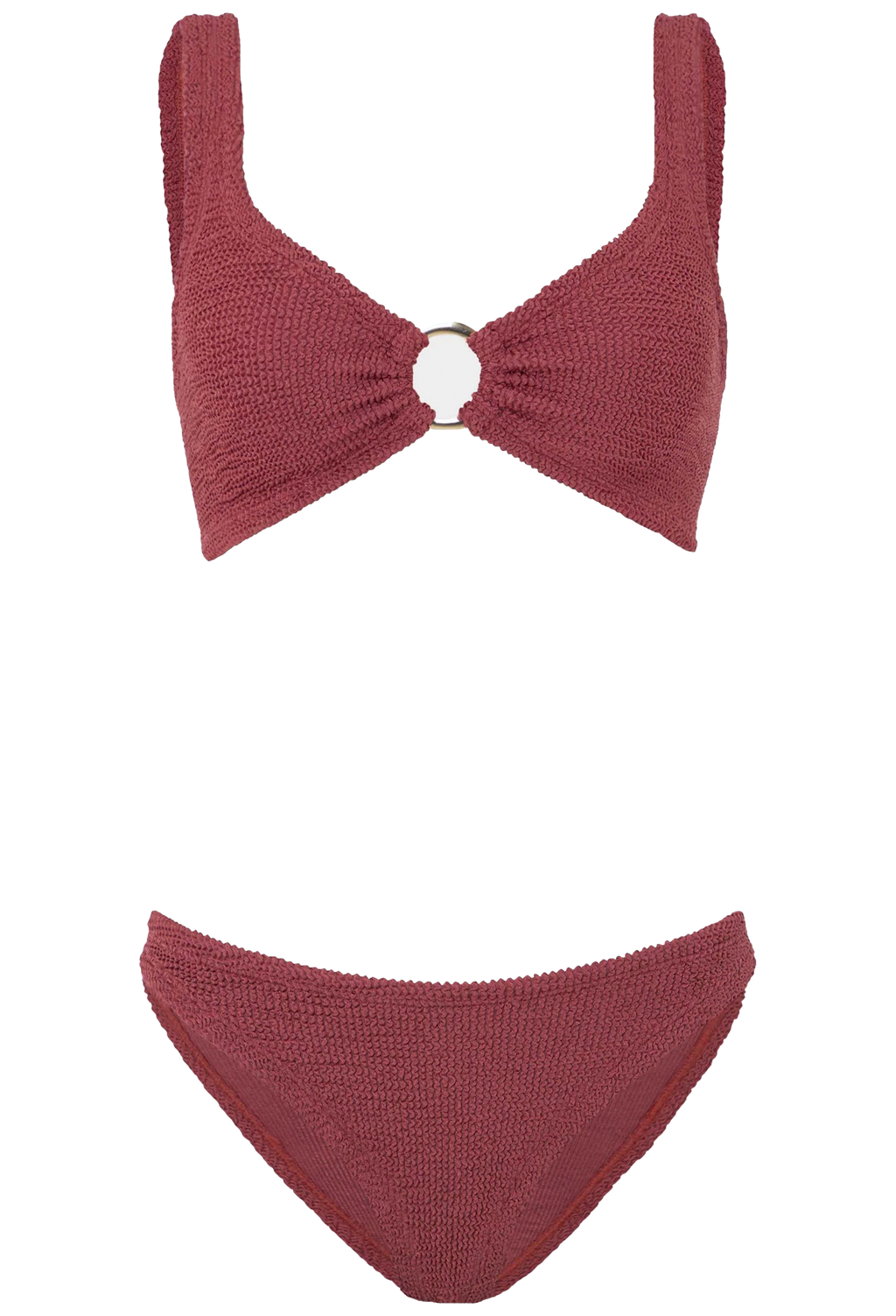 Red bikini top and bottom set on a white background