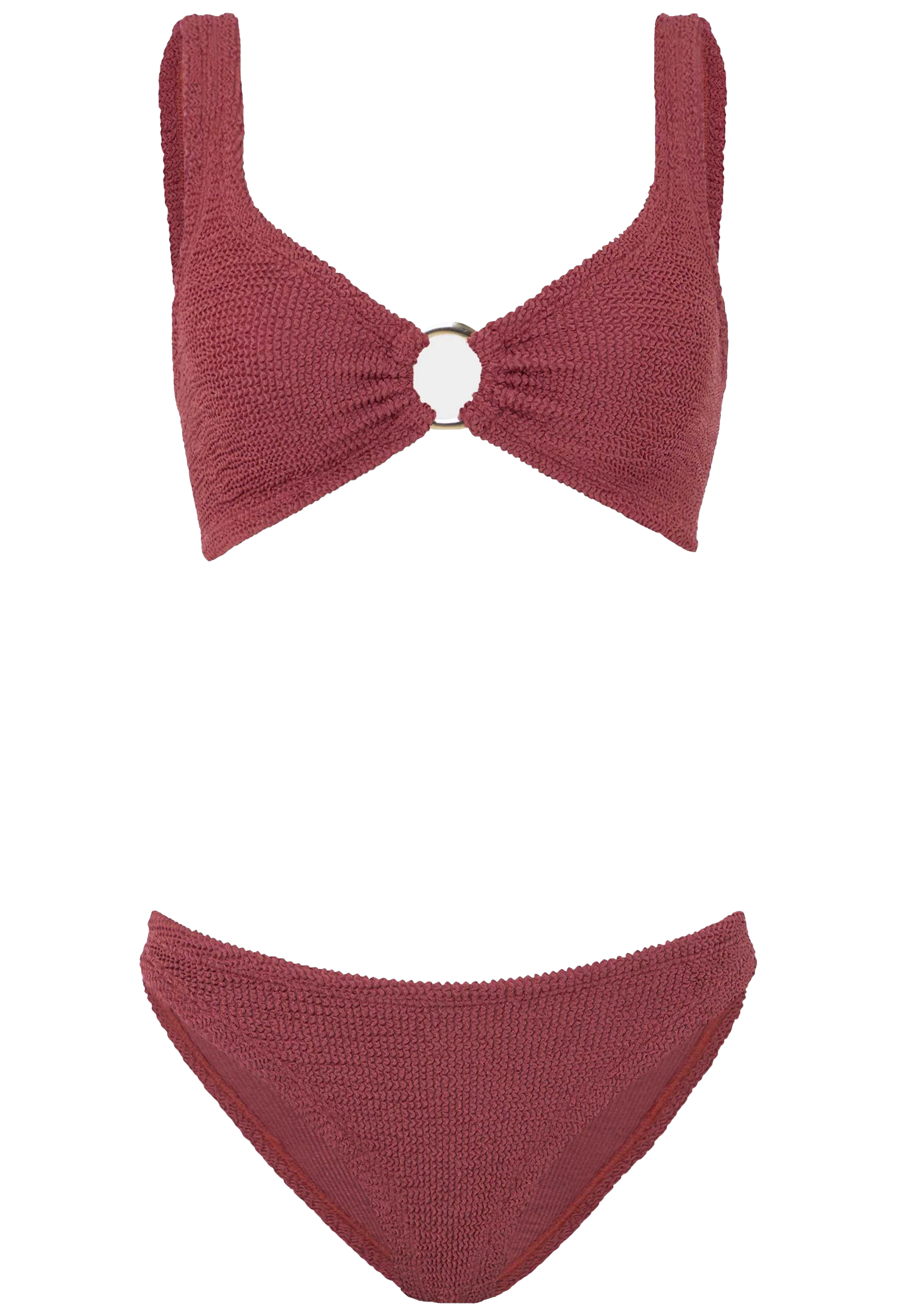 Red bikini top and bottom set on a white background