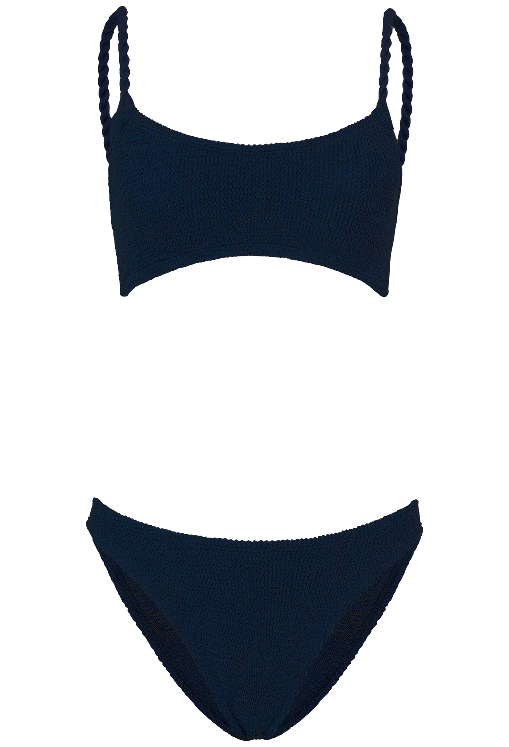 Navy blue bikini set with braided straps on a white background