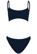 Navy blue bikini set with braided straps on a white background