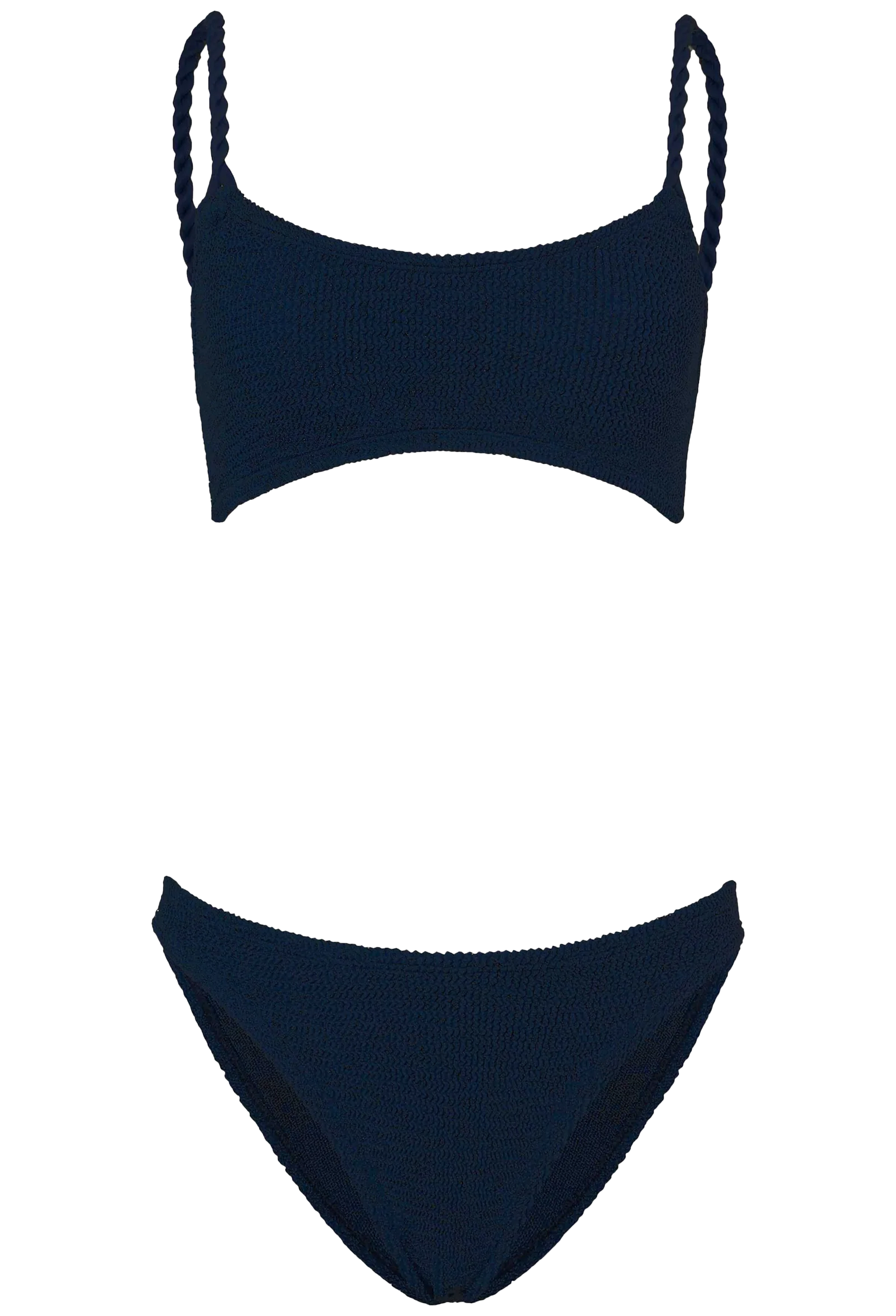 Navy blue bikini set with braided straps on a white background