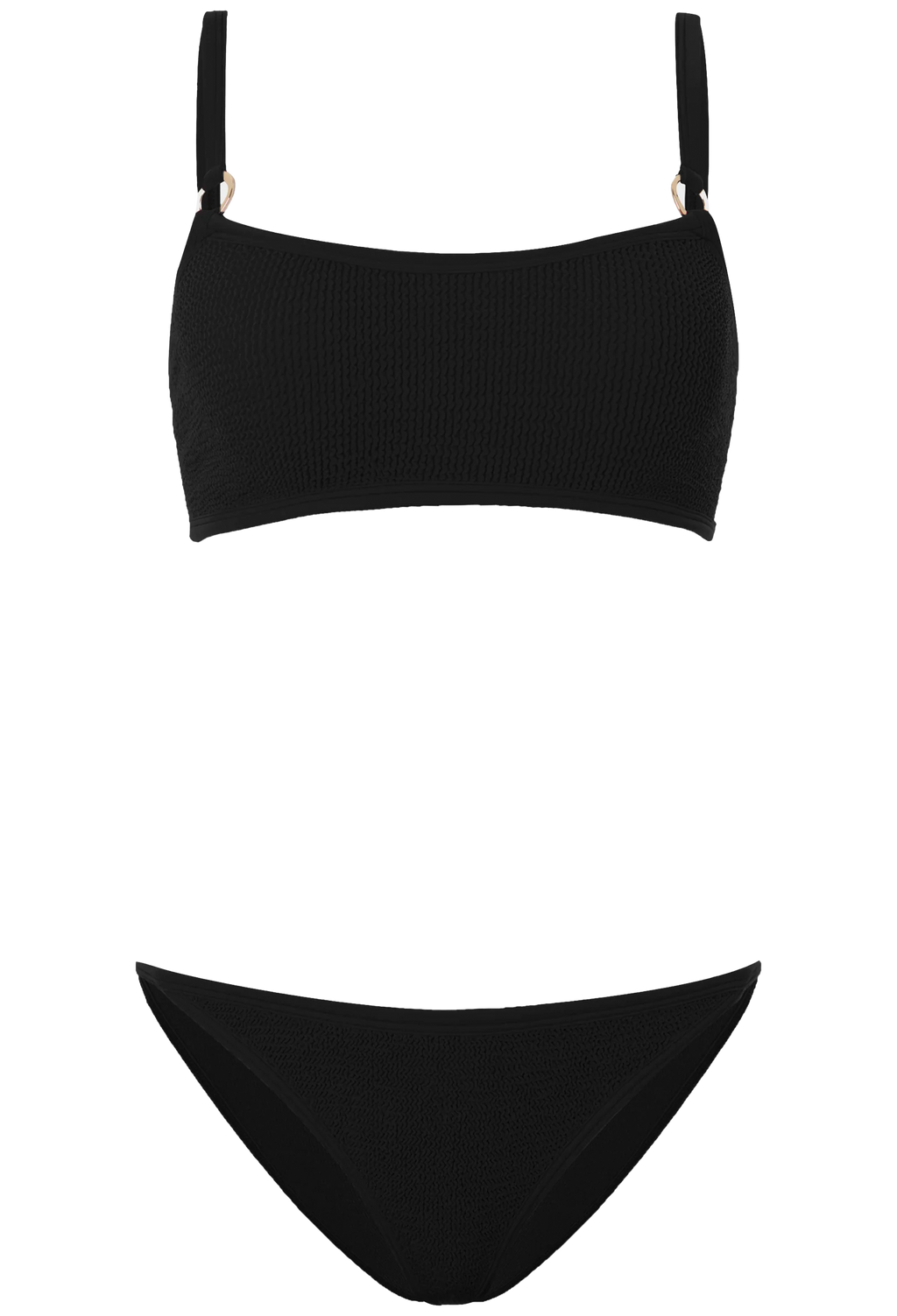 Black bikini top and bottom set on a white background