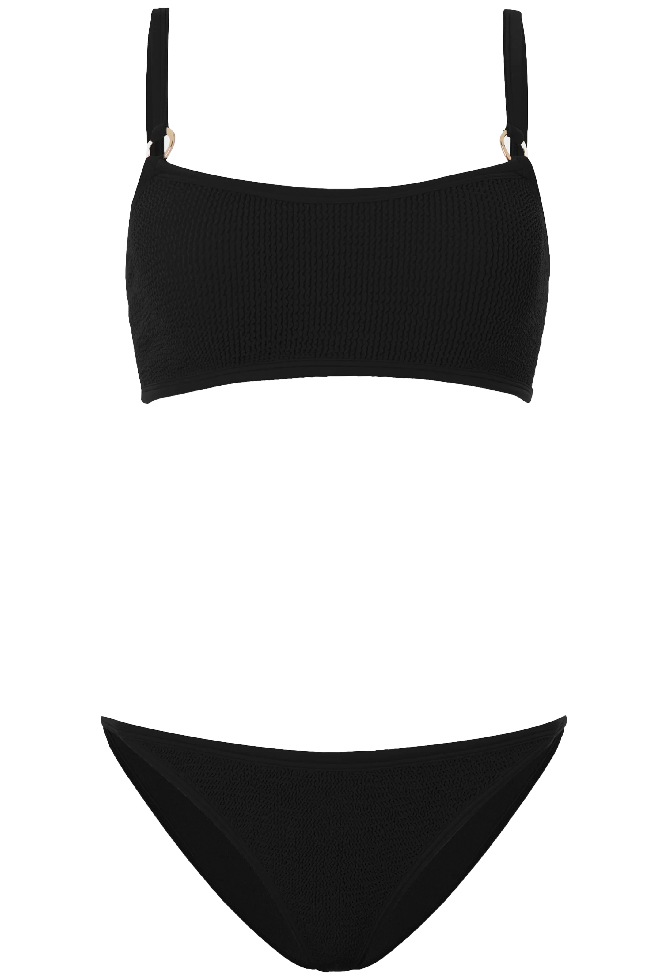 Black bikini top and bottom set on a white background