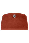 Brown clutch bag with a silver clasp on a white background