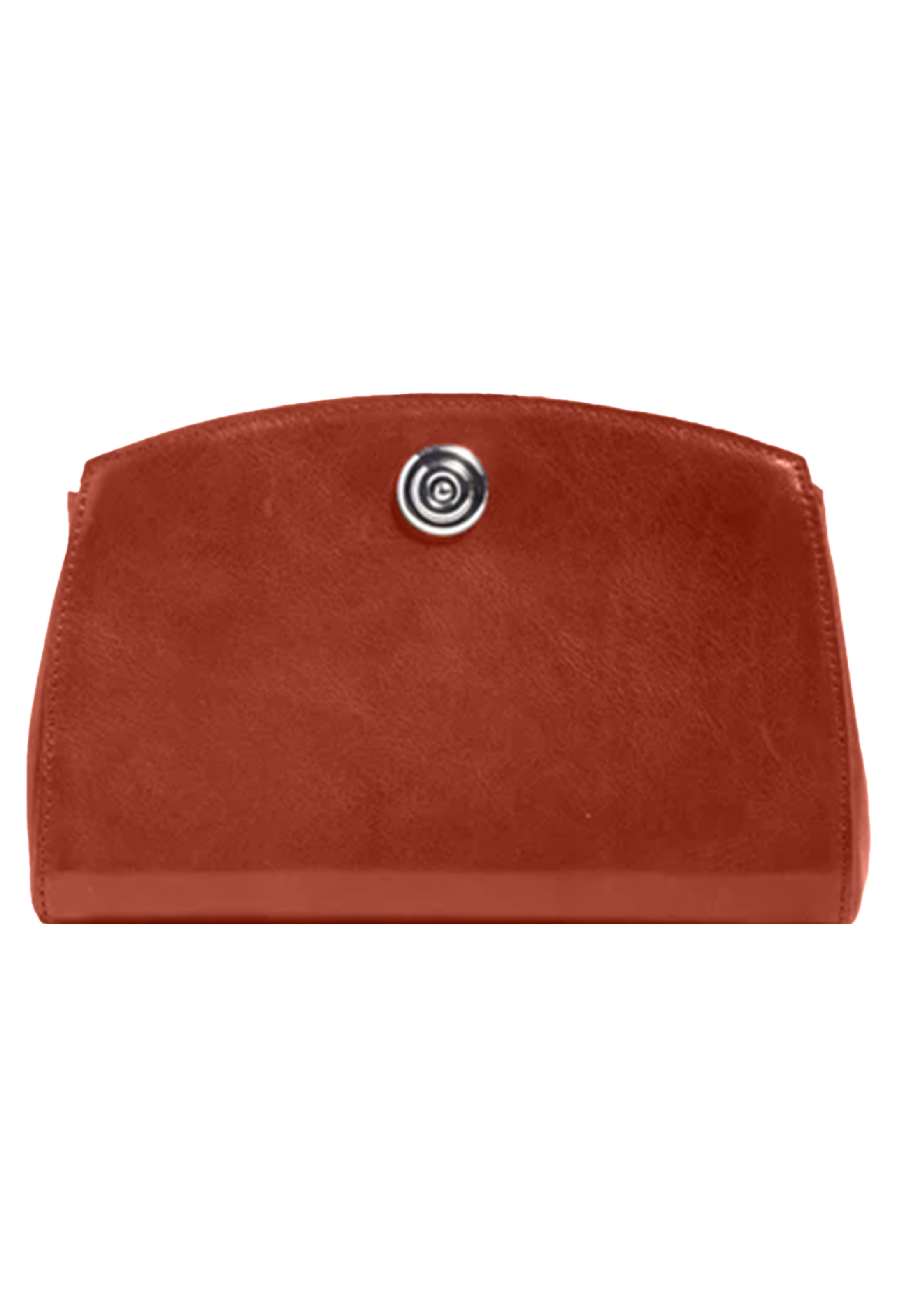 Brown clutch bag with a silver clasp on a white background