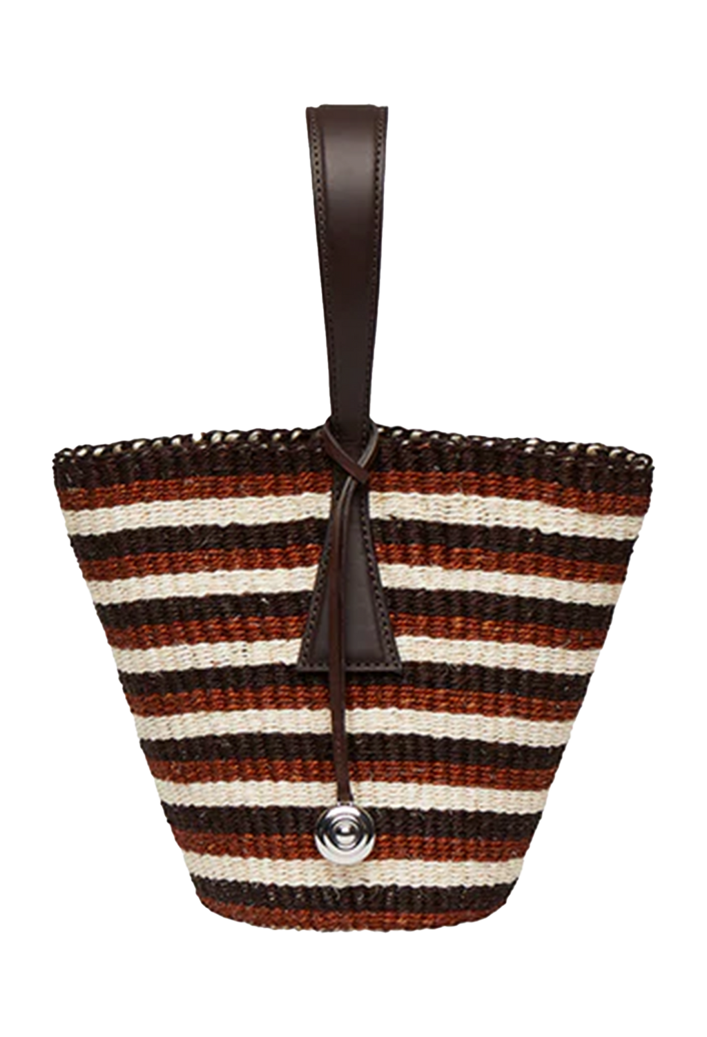 Striped woven bag with a leather handle on a white background
