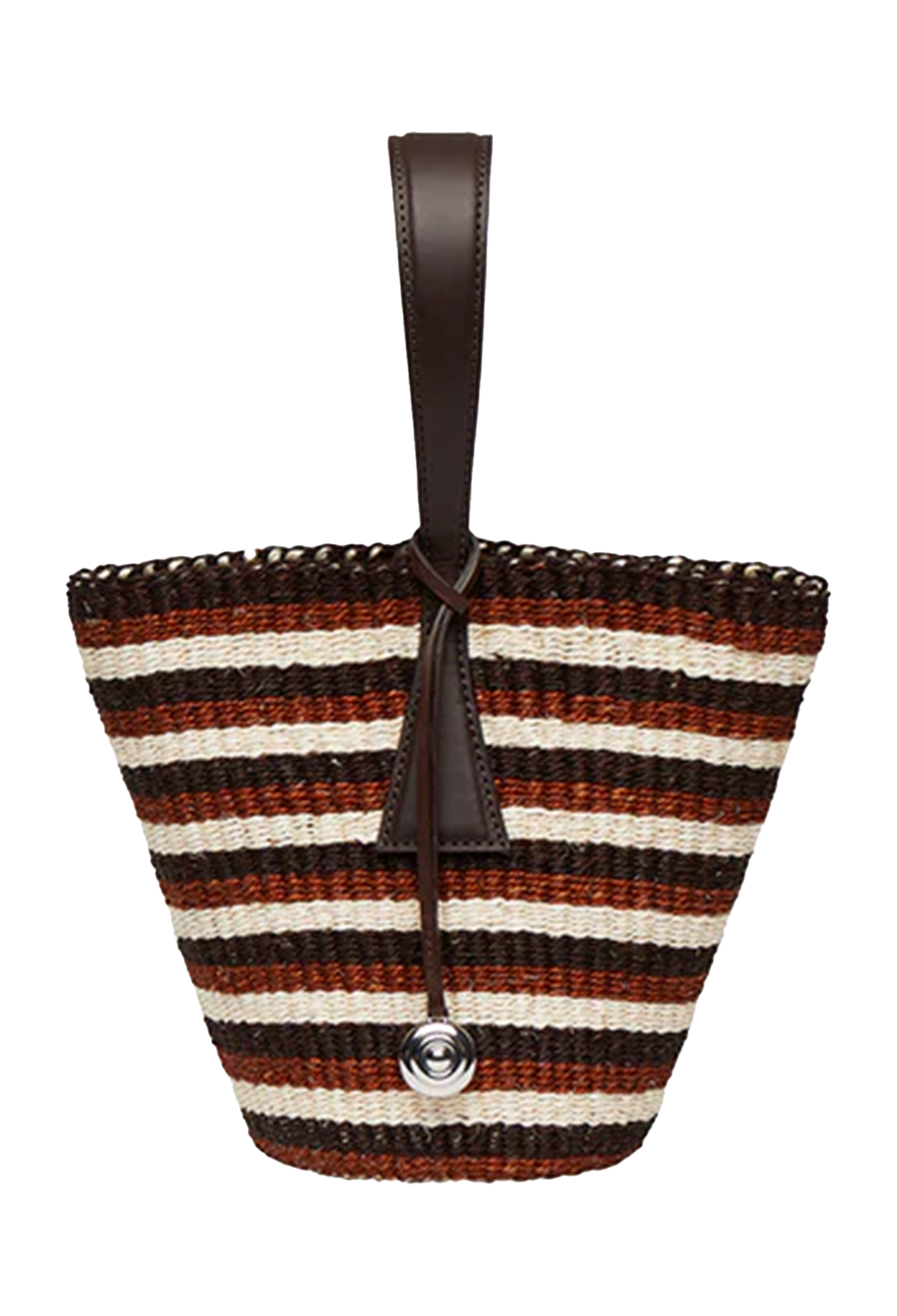Striped woven bag with a leather handle on a white background