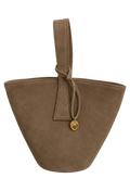 Brown suede handbag with a strap and gold emblem on a white background