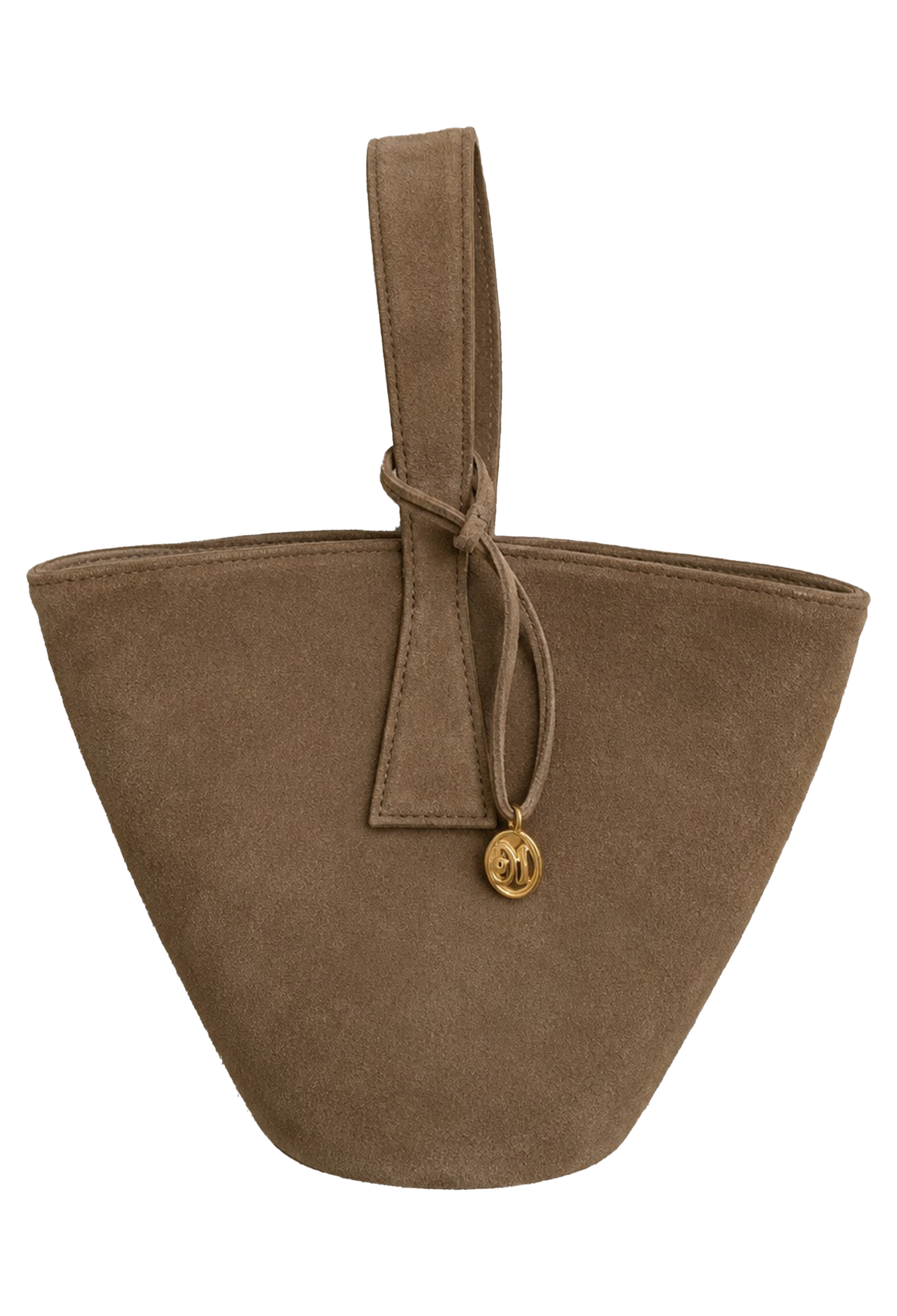 Brown suede handbag with a strap and gold emblem on a white background