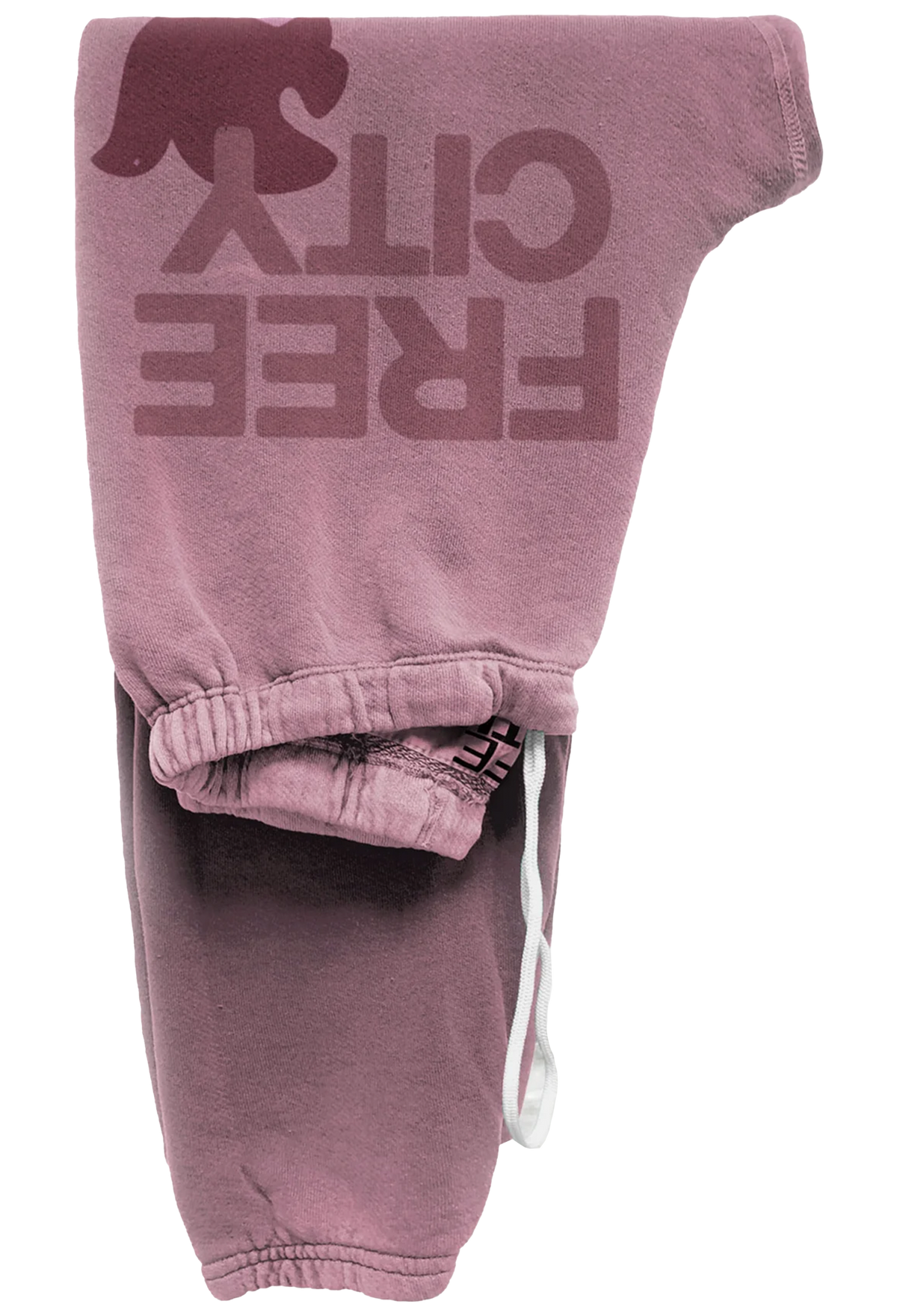 Pink sweatpants with 'FREE CITY' text on a white background