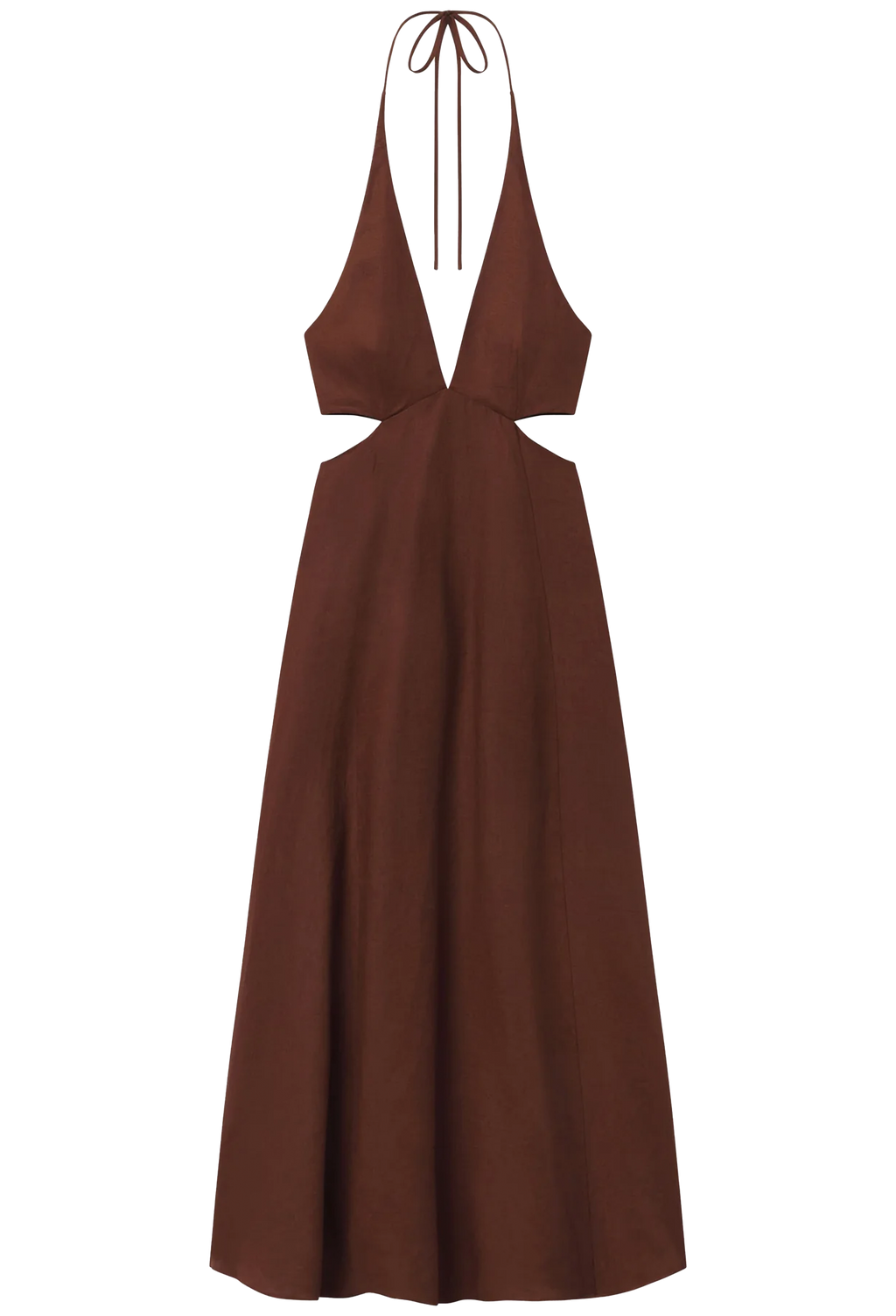 Brown halter neck dress on a white background