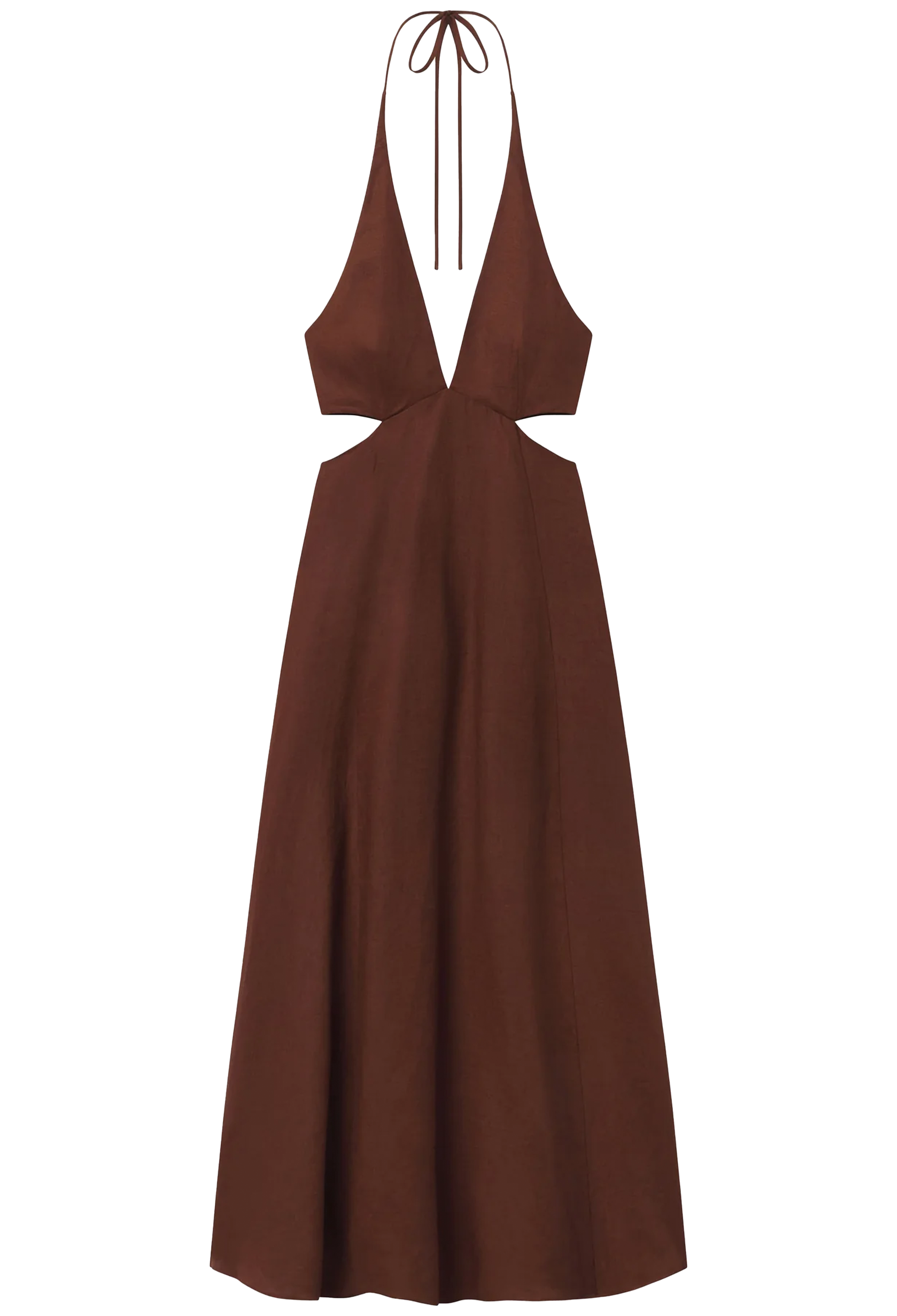 Brown halter neck dress on a white background