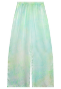 Tie-dye pants in green and blue on a white background
