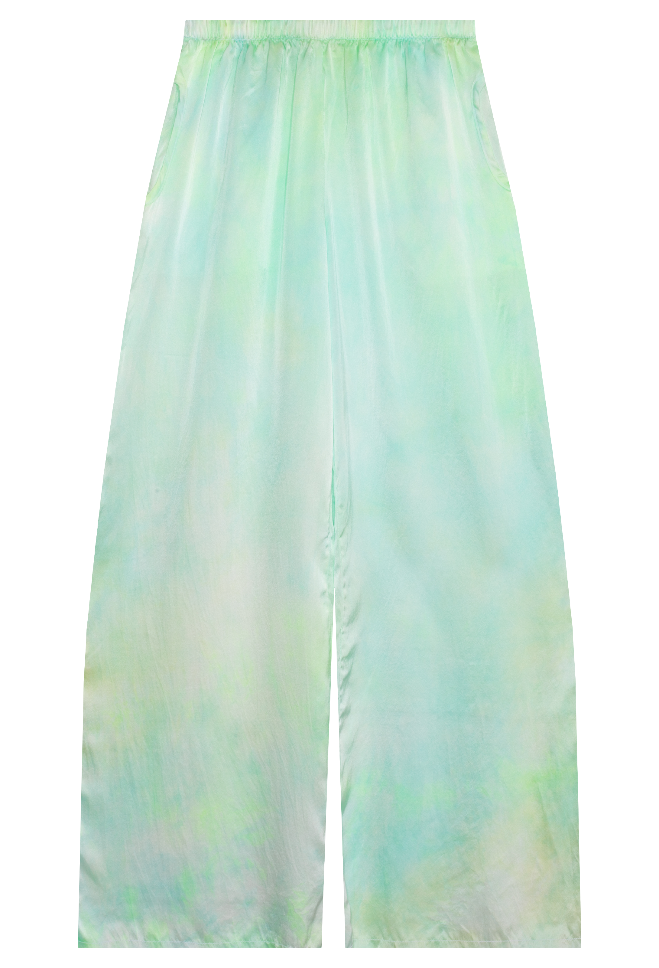Tie-dye pants in green and blue on a white background