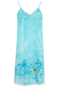 Turquoise tie-dye slip dress with palm tree and sun design on a white background