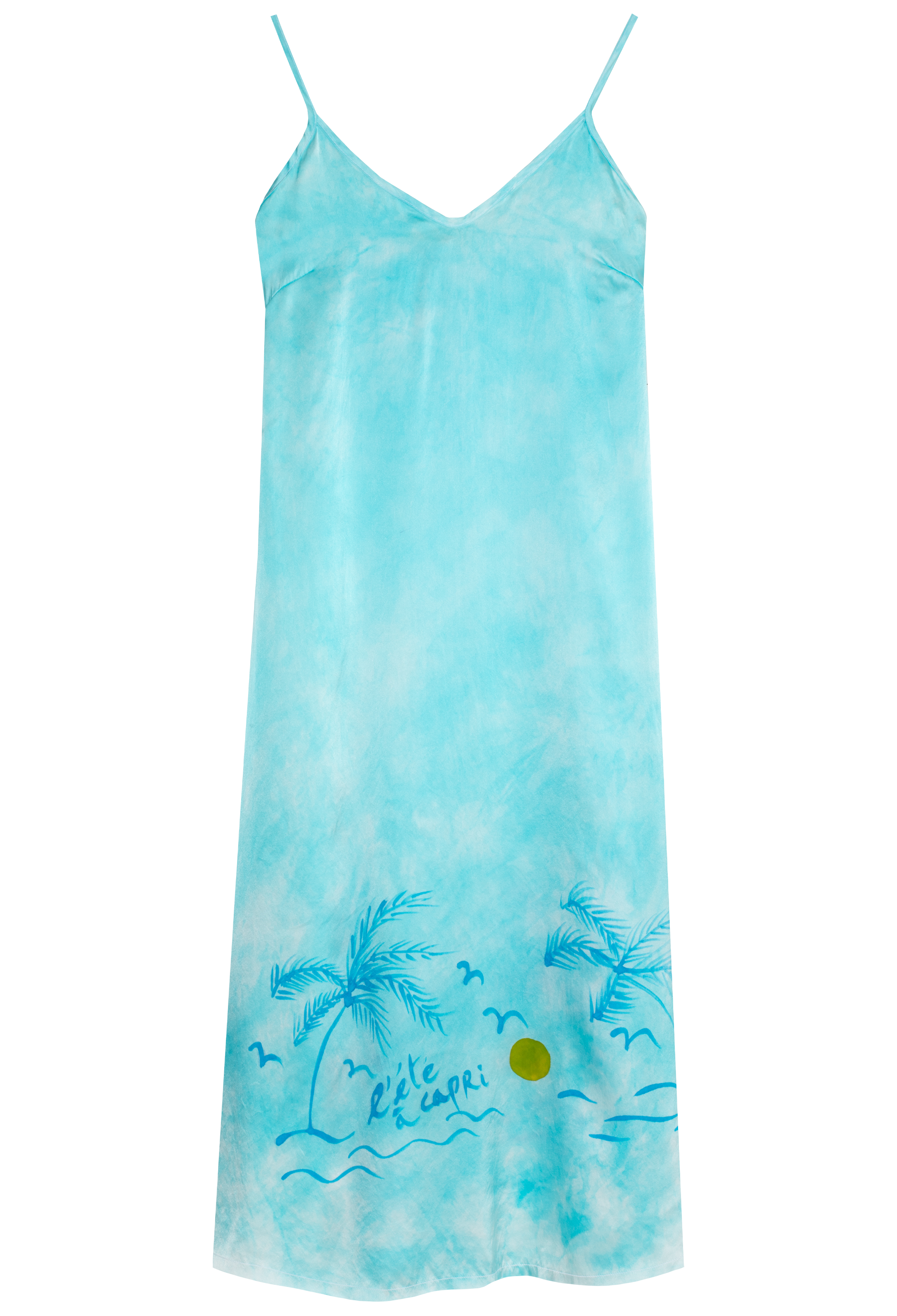 Turquoise tie-dye slip dress with palm tree and sun design on a white background