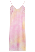 Tie-dye slip dress with pink and yellow pattern on a white background