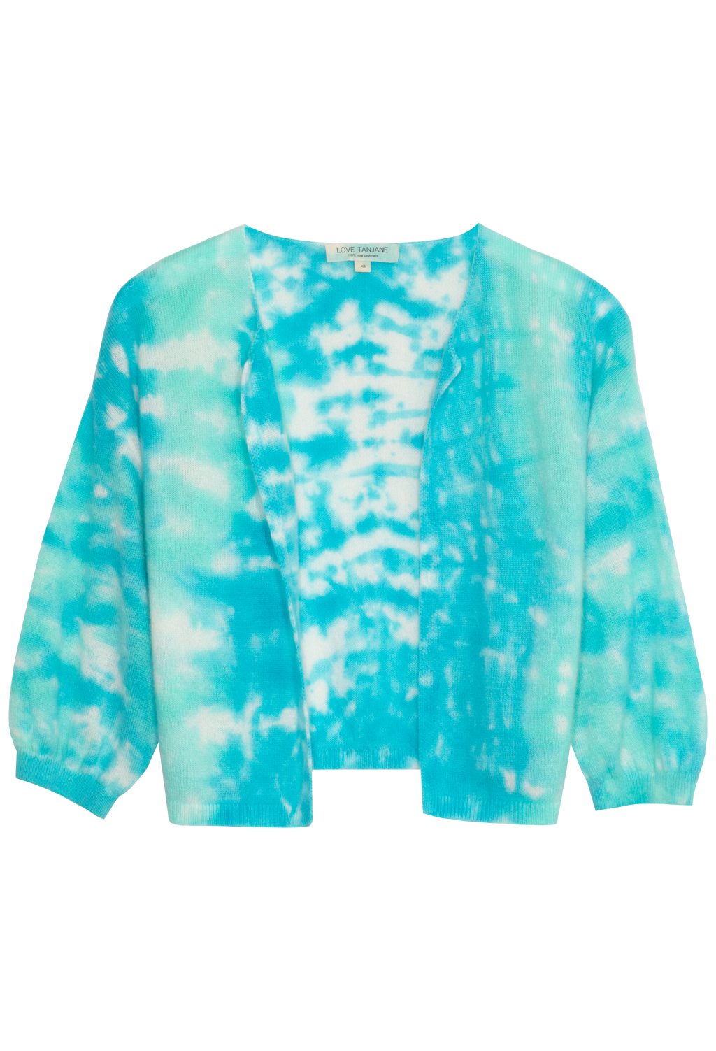 Tie-dye sweater with blue and white pattern on a white background