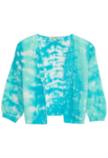 Tie-dye sweater with blue and white pattern on a white background