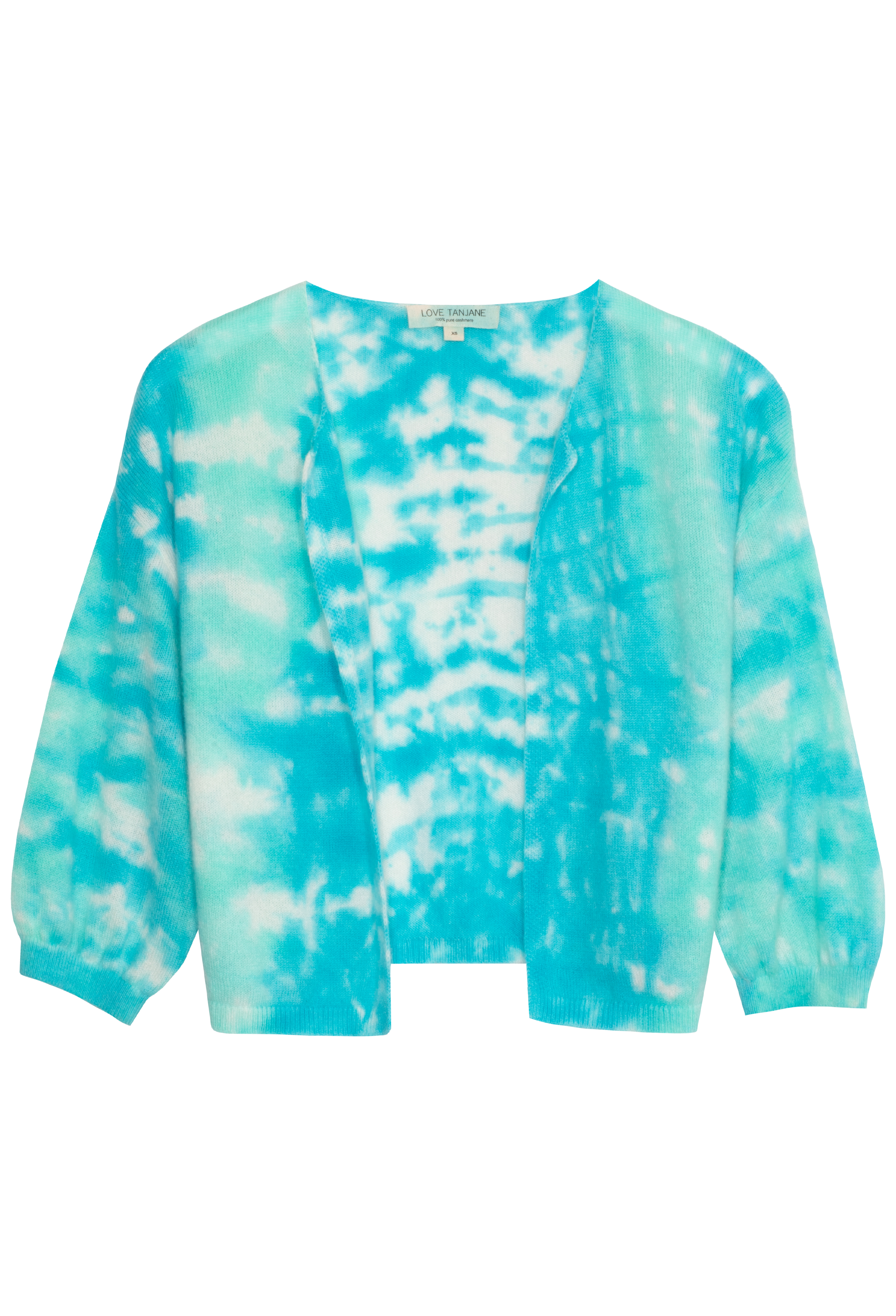 Tie-dye sweater with blue and white pattern on a white background