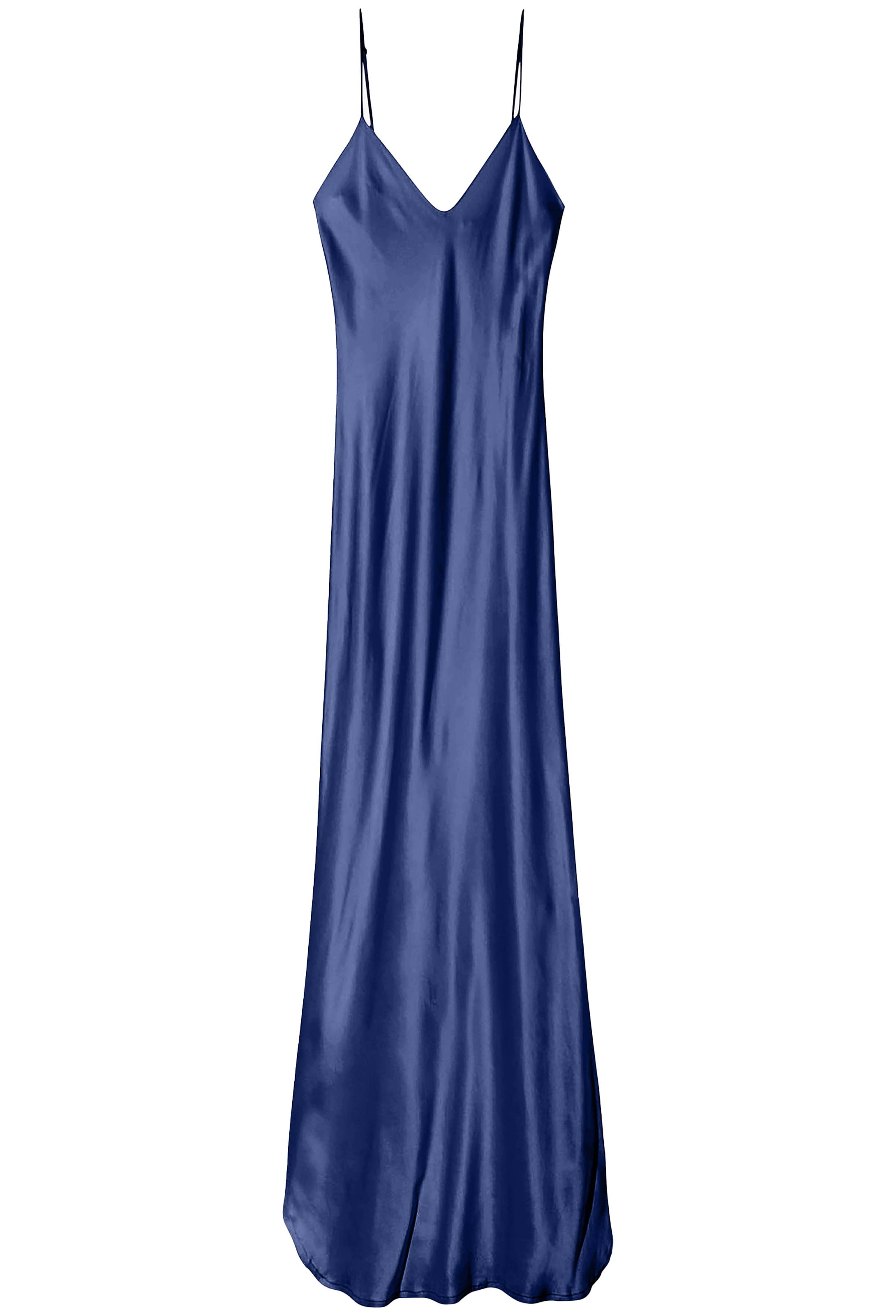 Navy blue silk dress on a white background