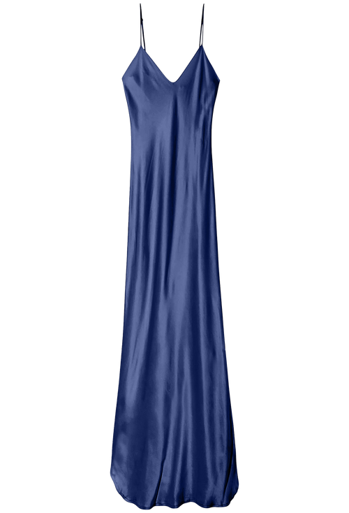 Navy blue silk dress on a white background
