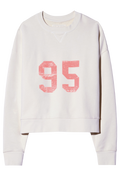 White sweatshirt with pink '95' print on a white background