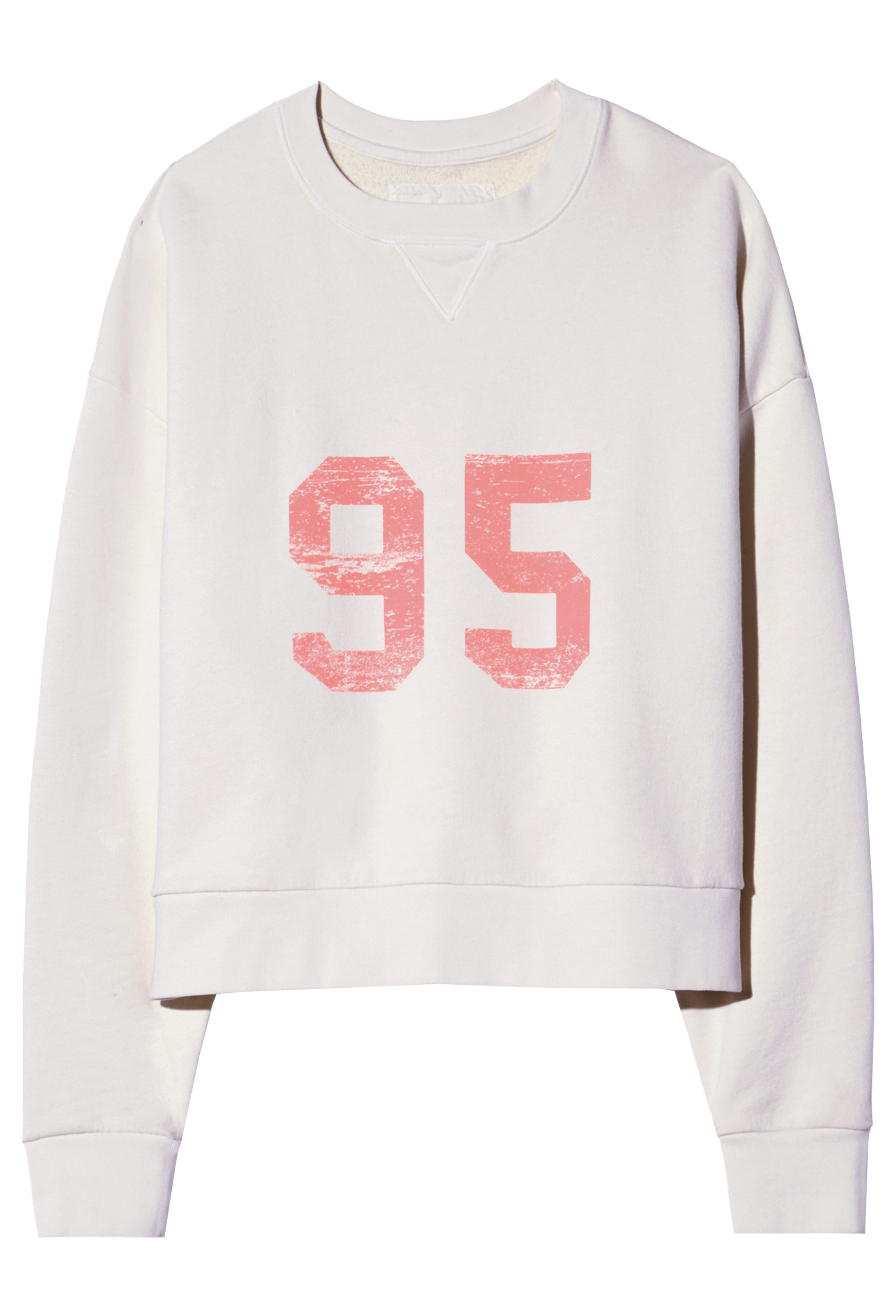 White sweatshirt with pink '95' print on a white background