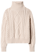 Beige cable knit sweater on a white background