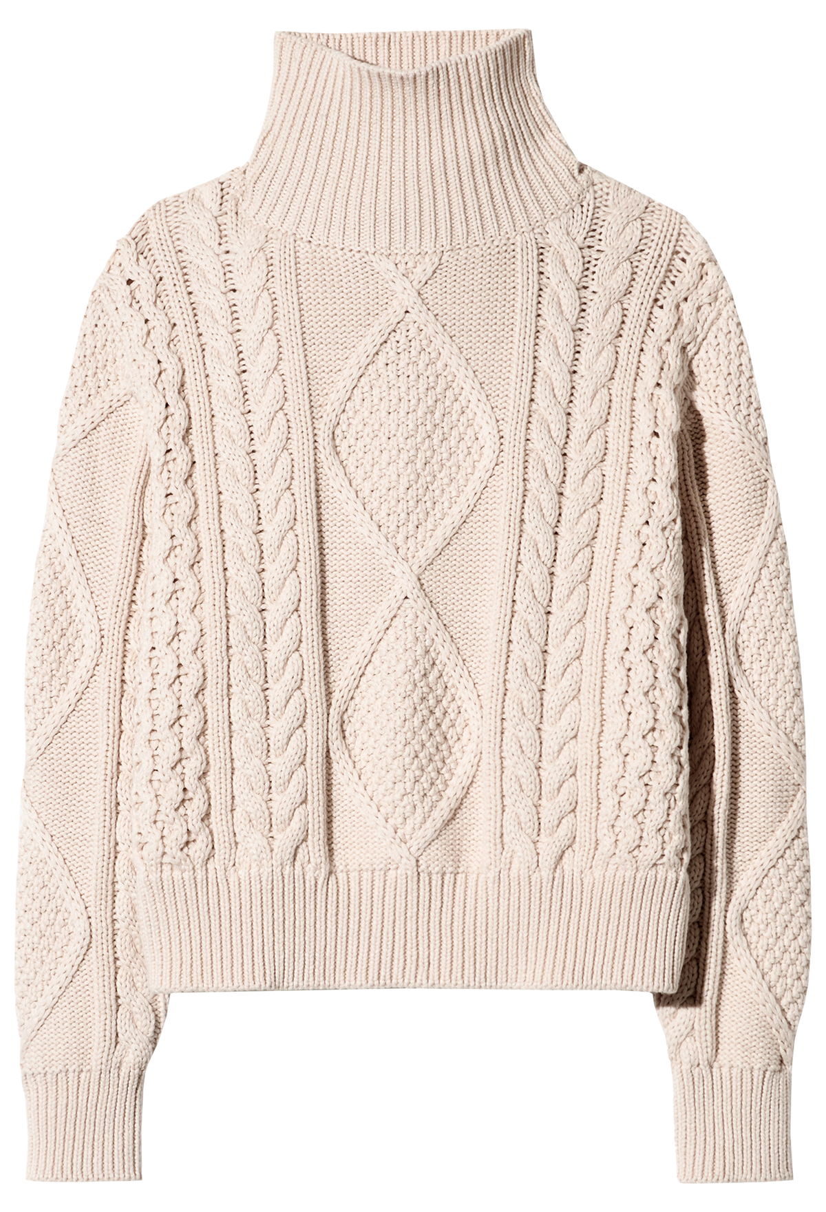 Beige cable knit sweater on a white background
