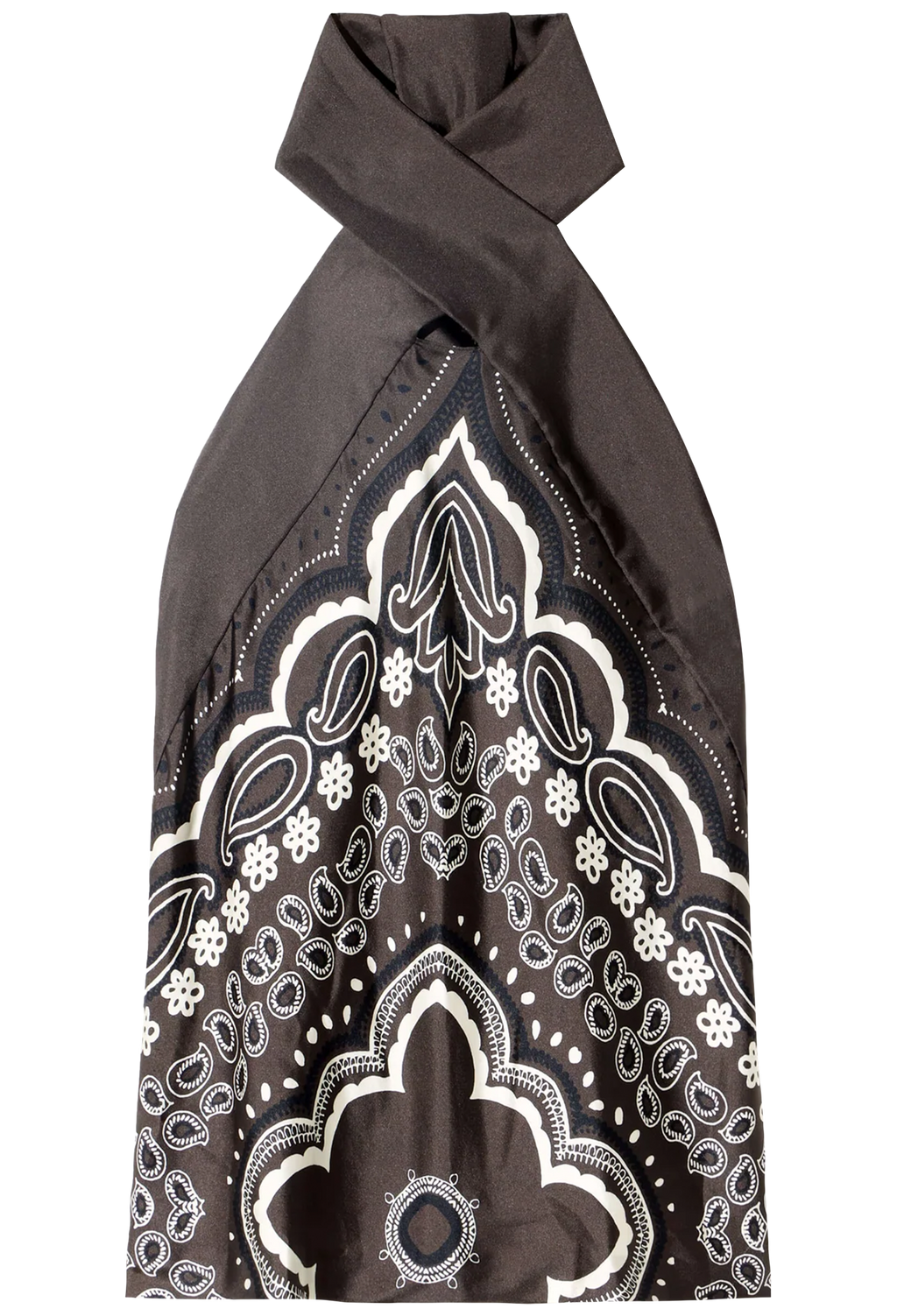Black scarf with white floral pattern on a white background