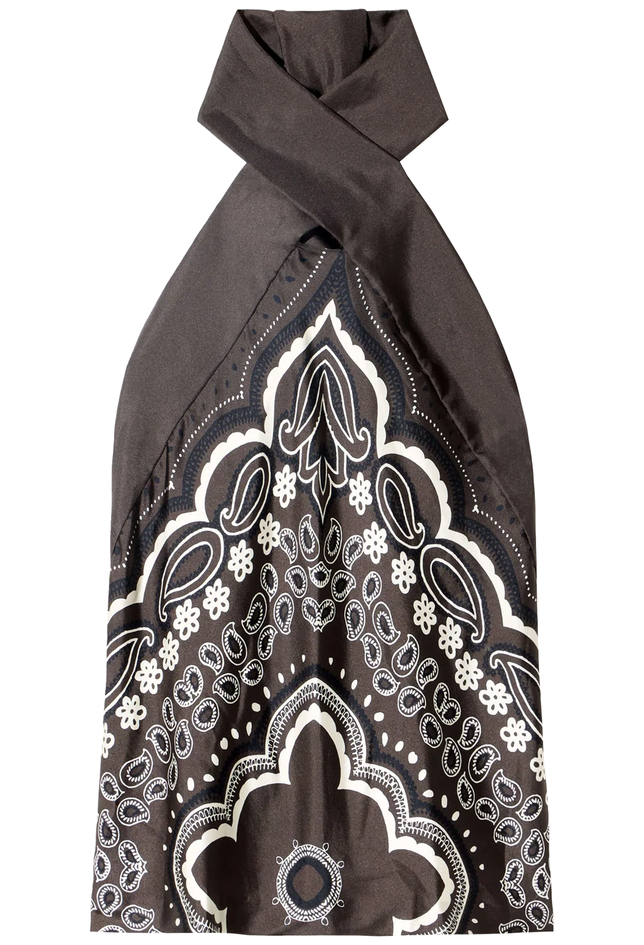 Black scarf with white floral pattern on a white background