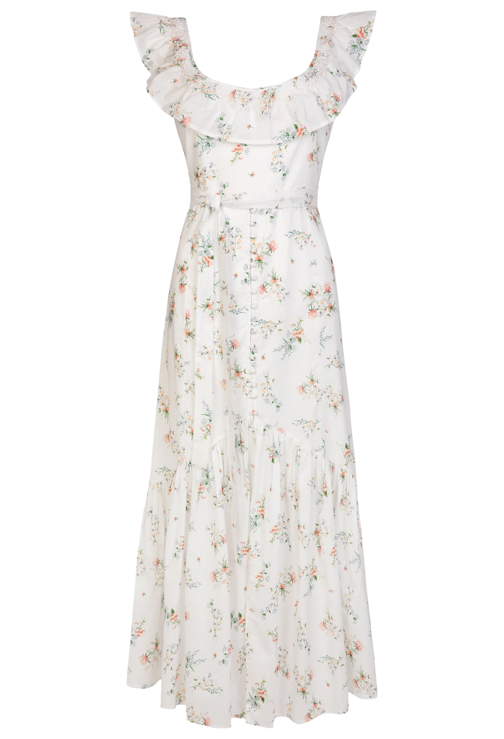 Floral dress with ruffled straps on a white background