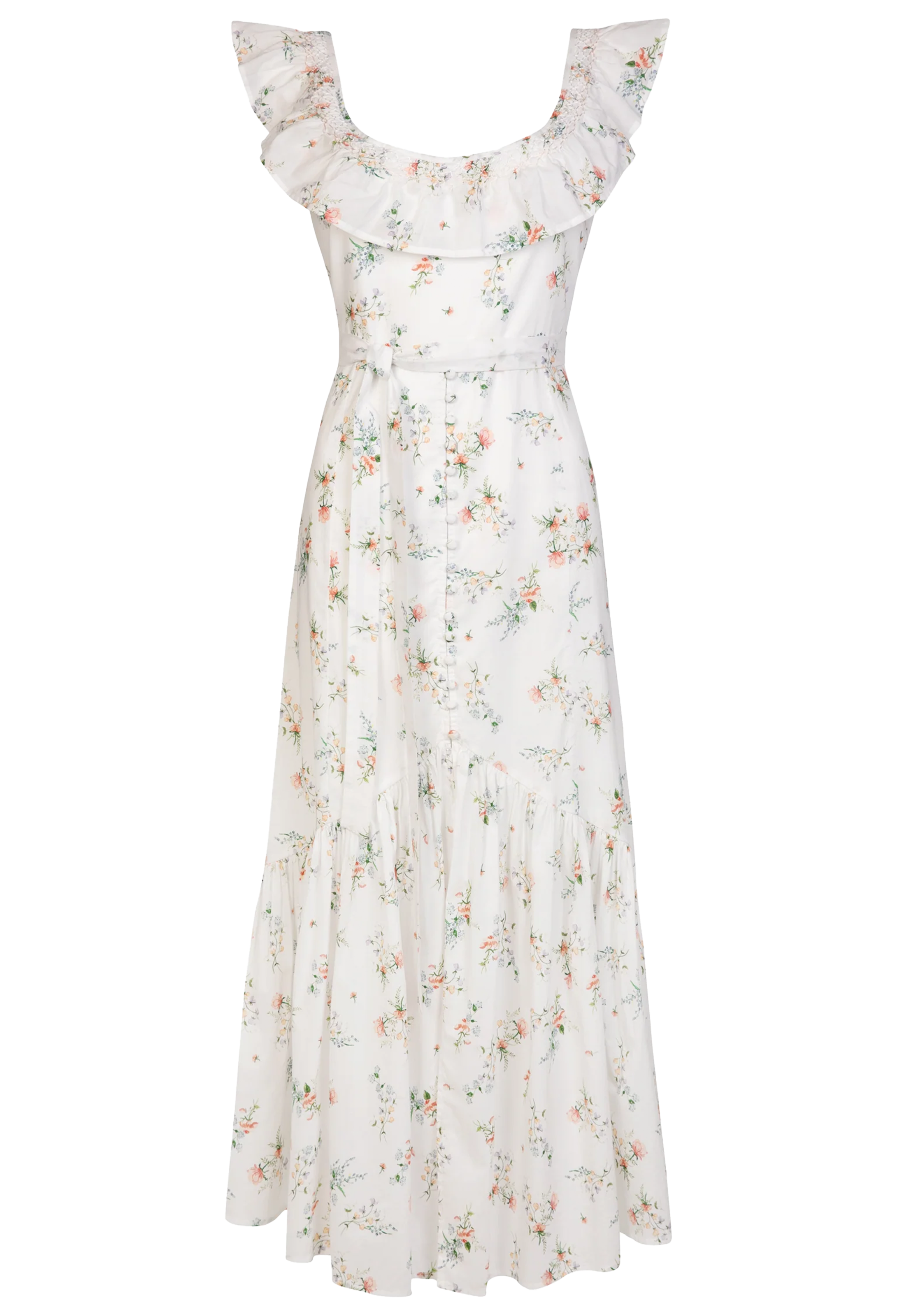 Floral dress with ruffled straps on a white background
