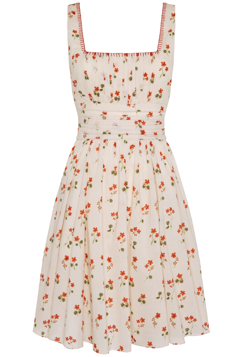 Floral dress with red and green patterns on a white background