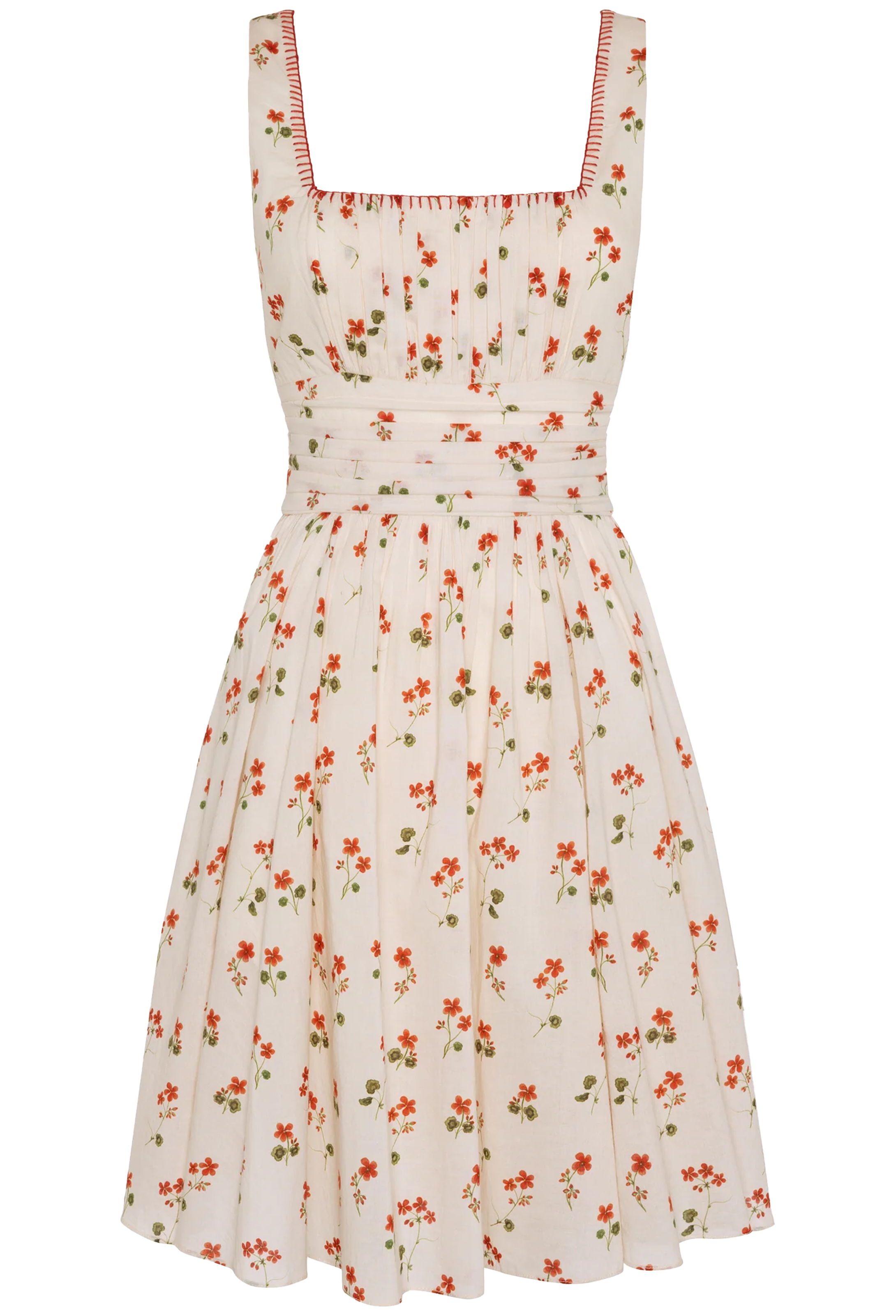 Floral dress with red and green patterns on a white background