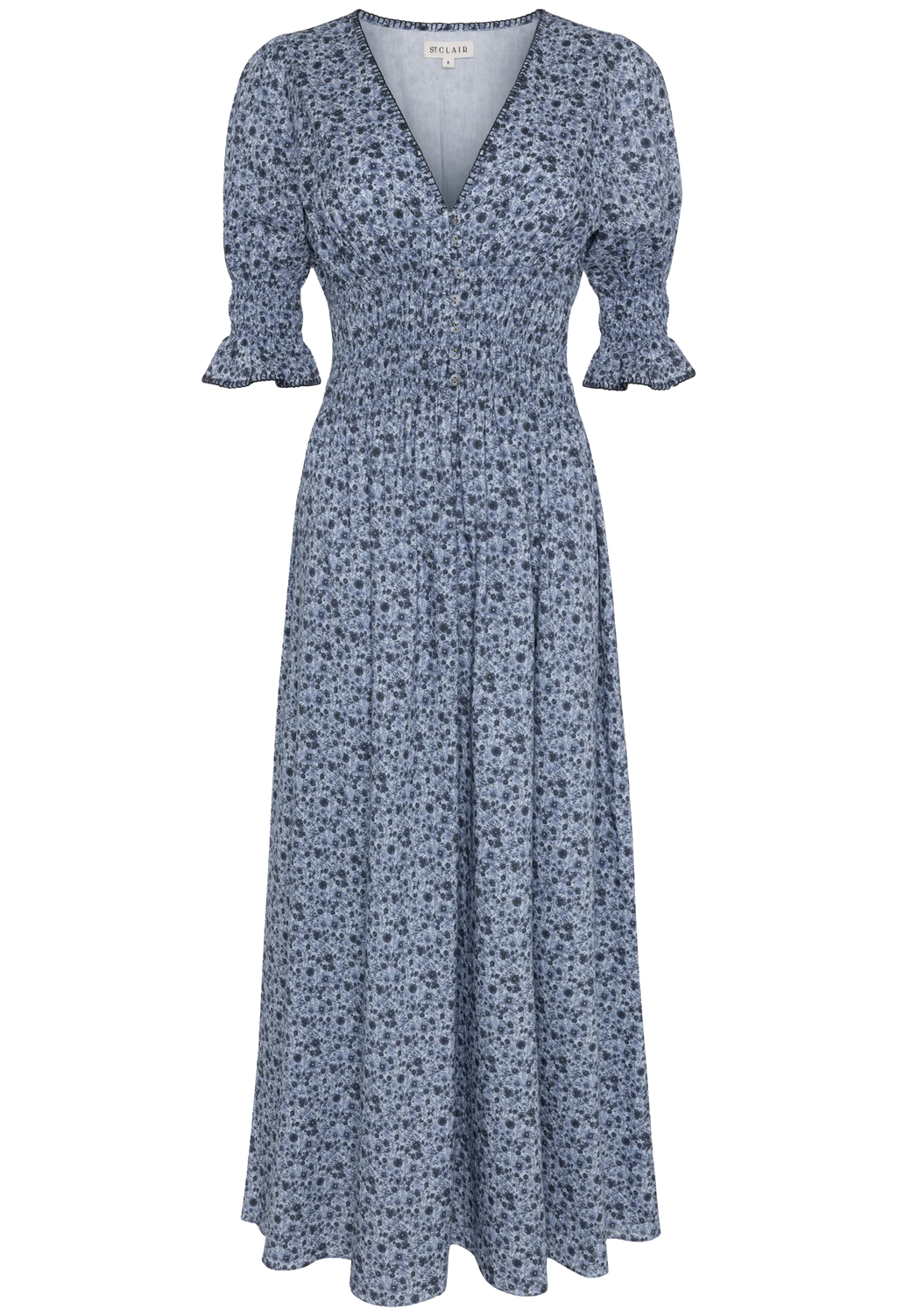 Blue floral dress with puff sleeves on a white background