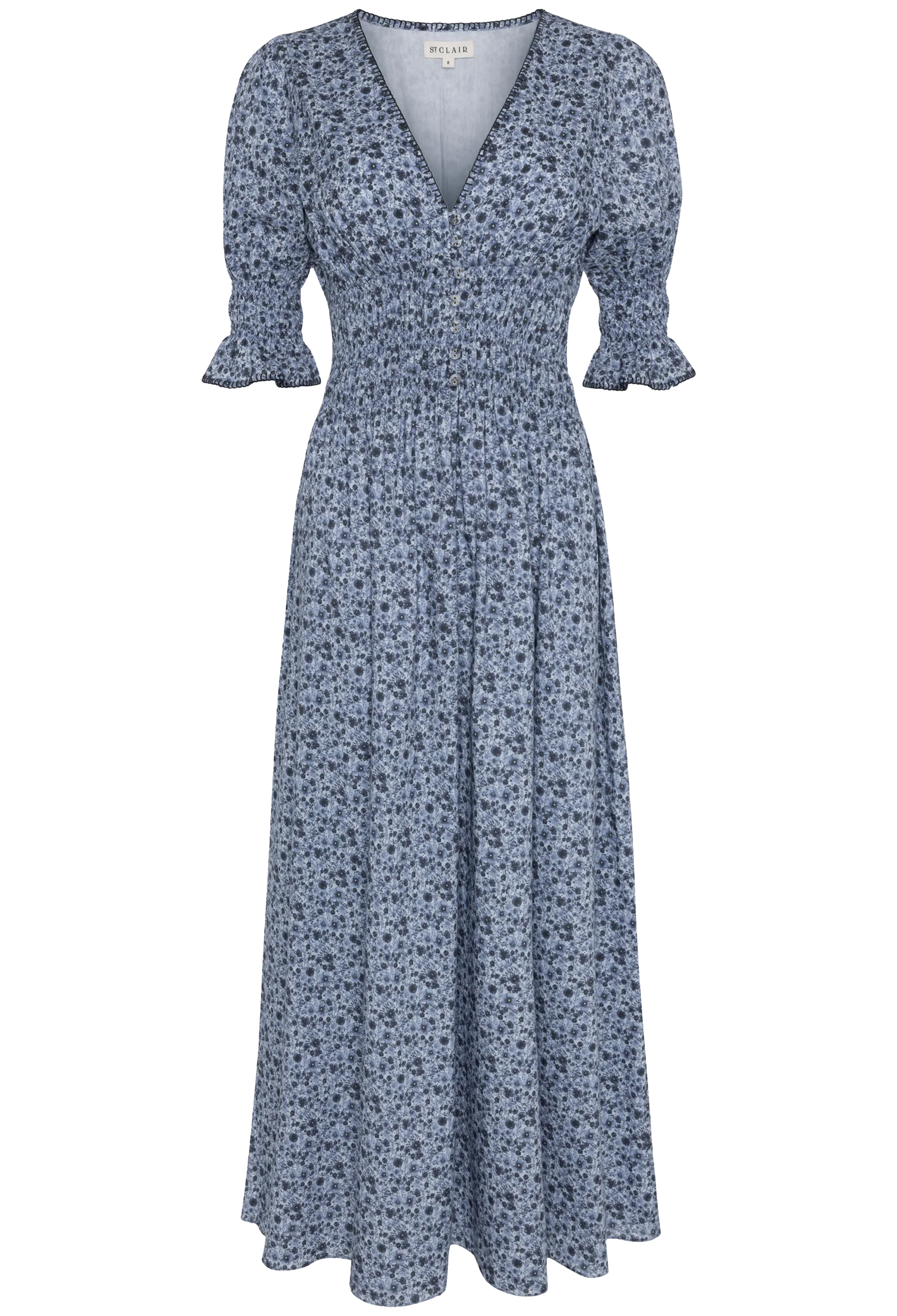 Blue floral dress with puff sleeves on a white background