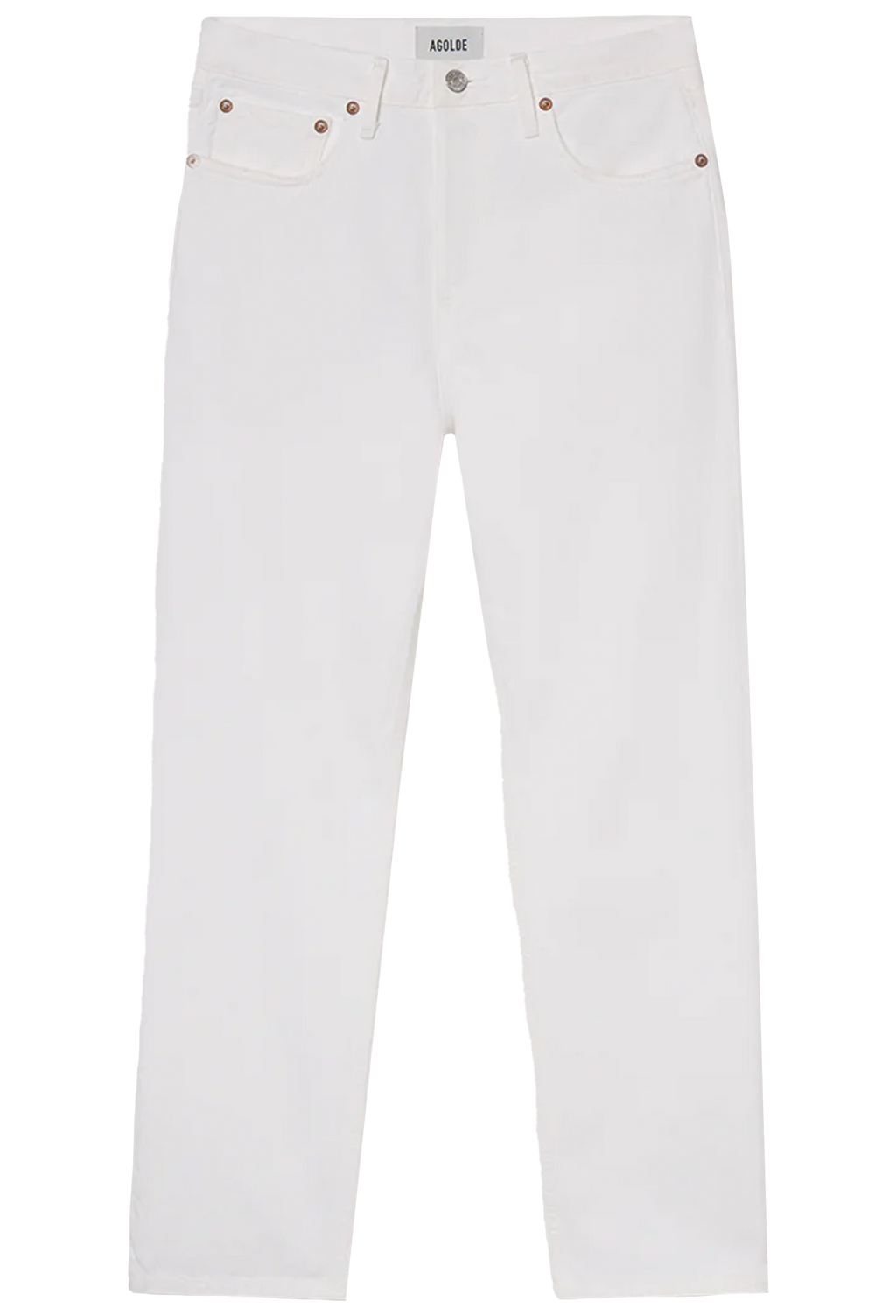 White jeans with gold button and zipper on a white background