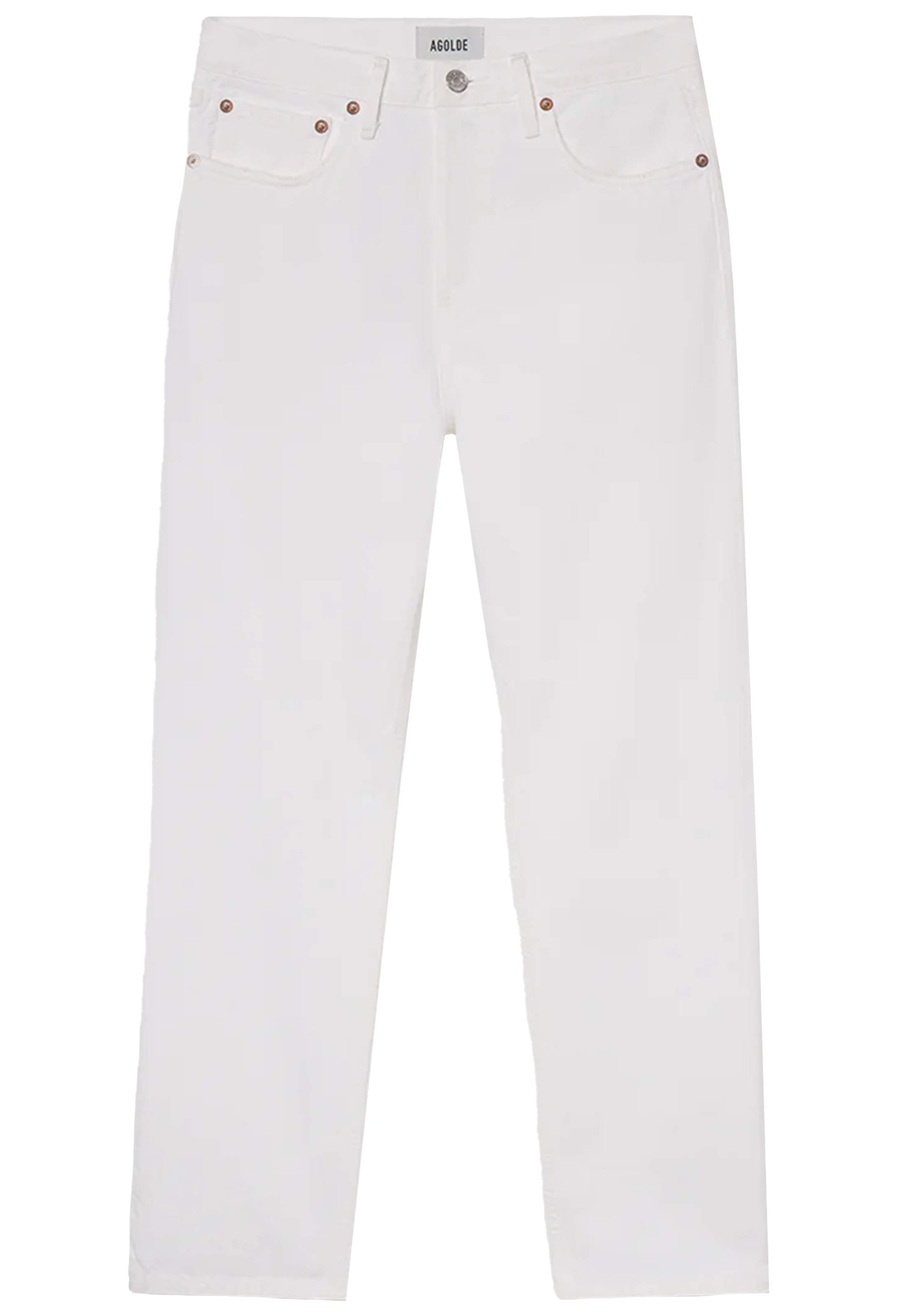 White jeans with gold button and zipper on a white background