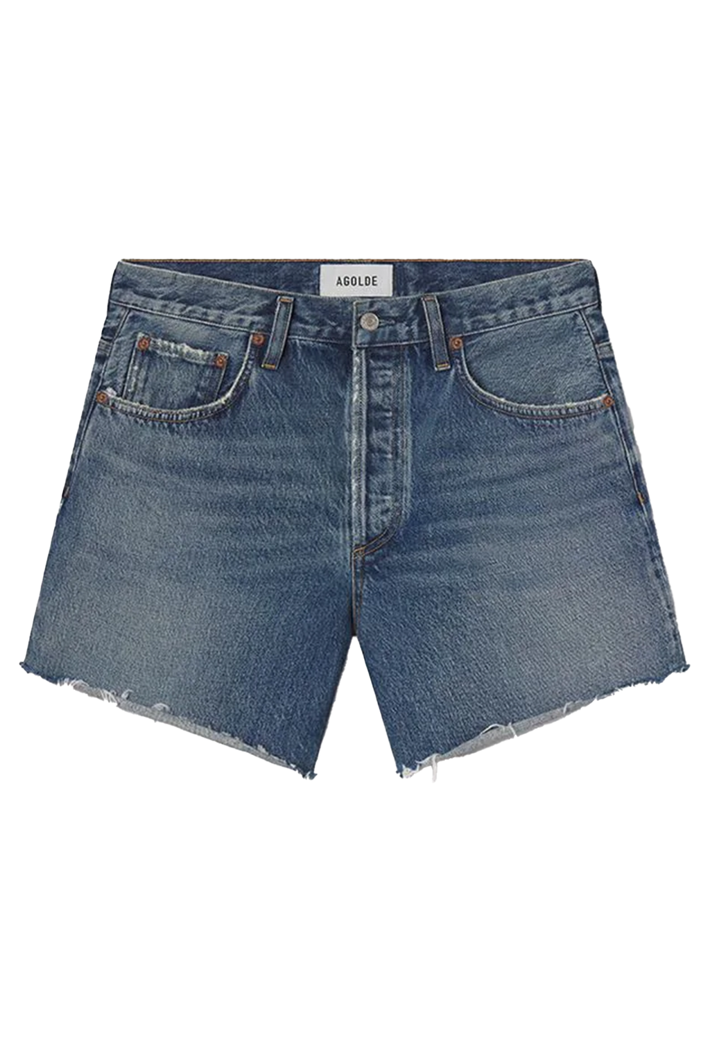 Blue denim shorts on a white background
