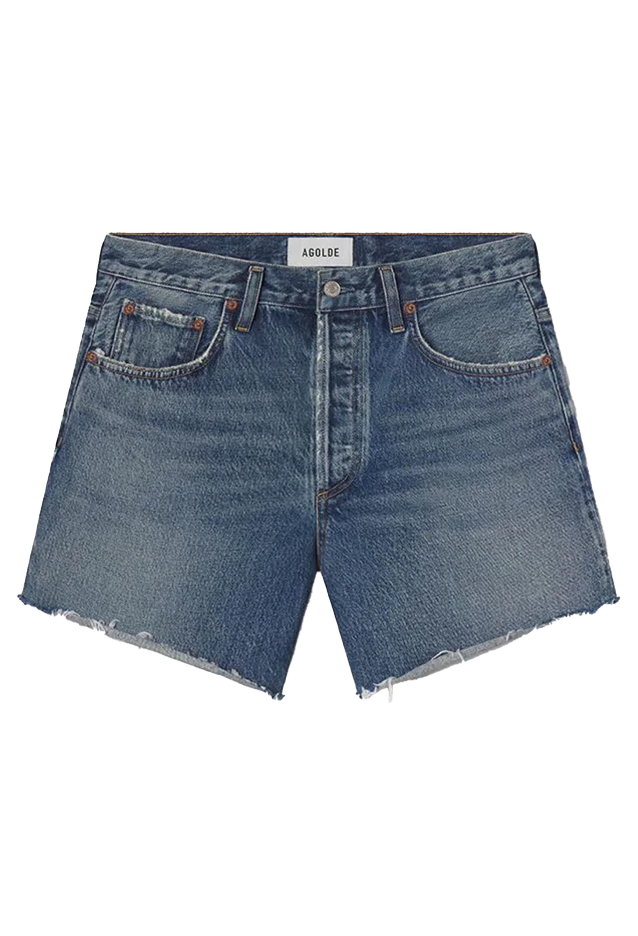 Blue denim shorts on a white background