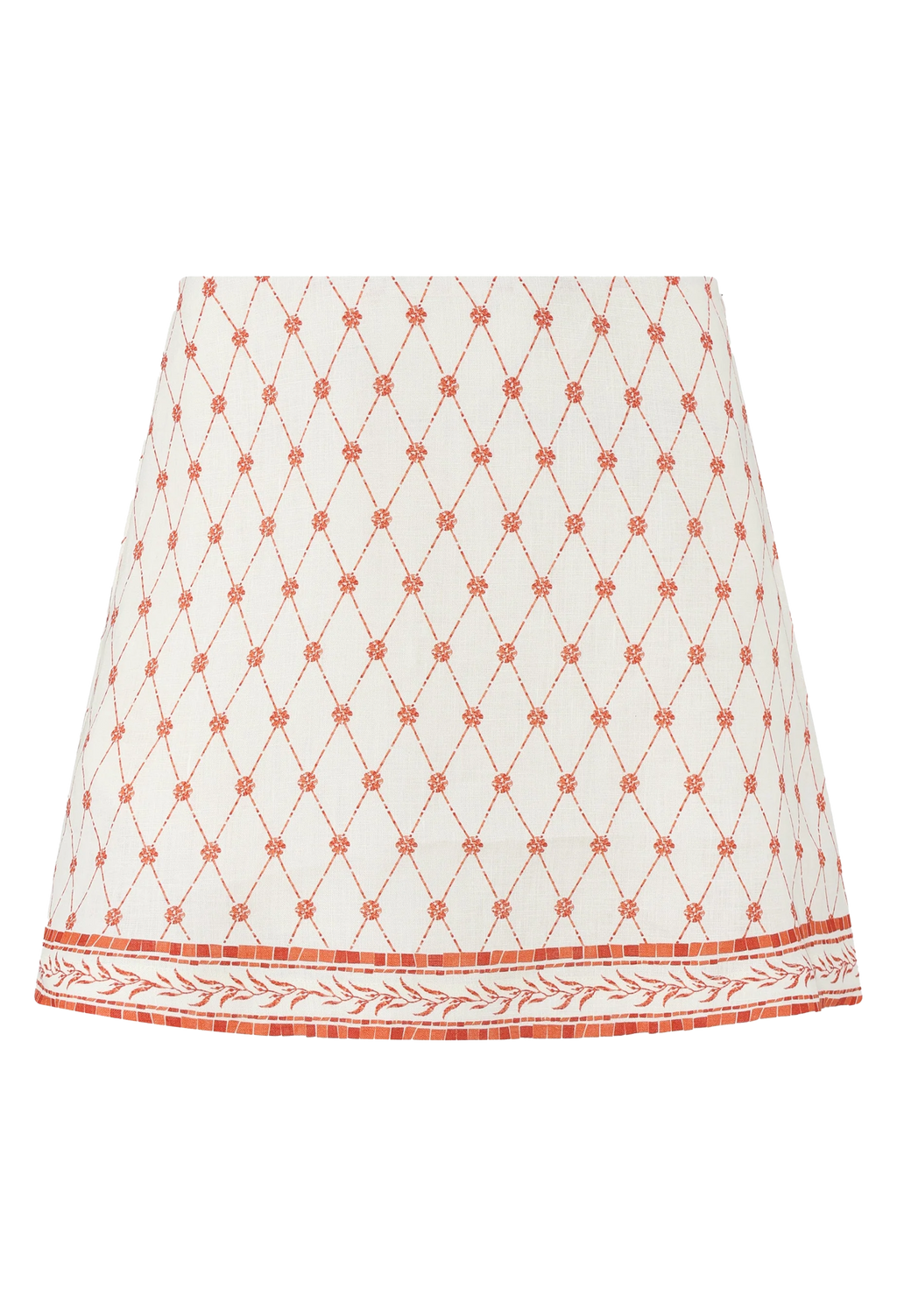 White skirt with red geometric pattern on a white background