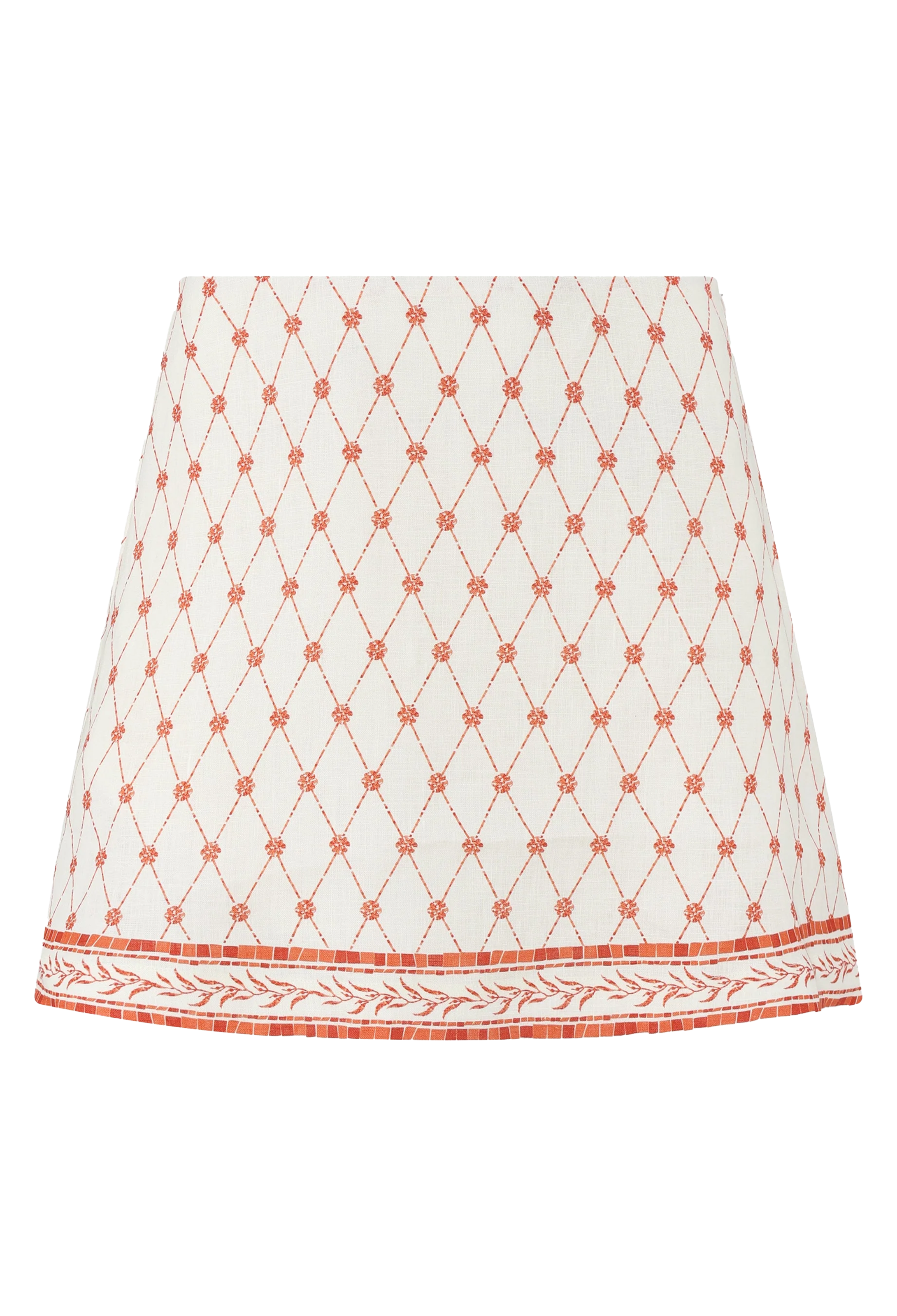 White skirt with red geometric pattern on a white background