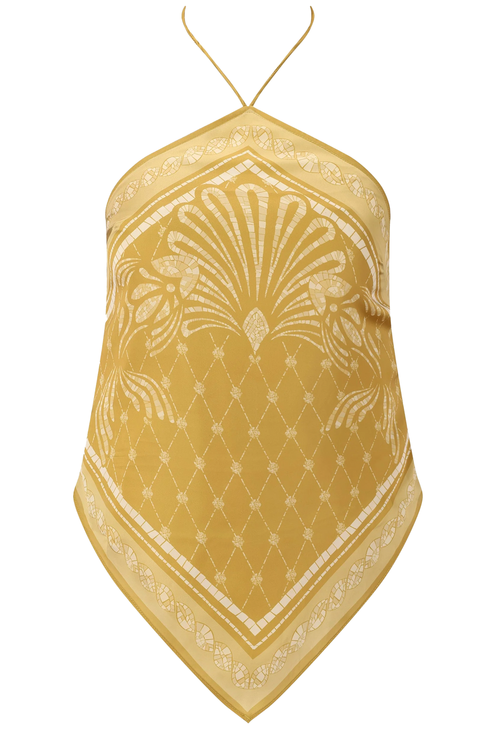 Yellow patterned top with halter neck on a white background