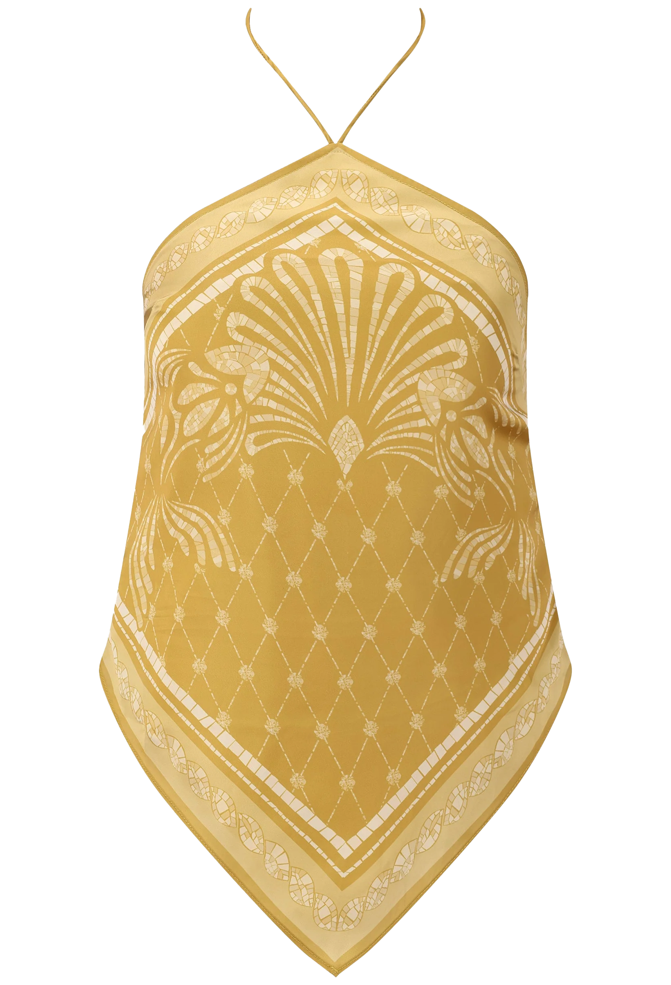 Yellow patterned top with halter neck on a white background