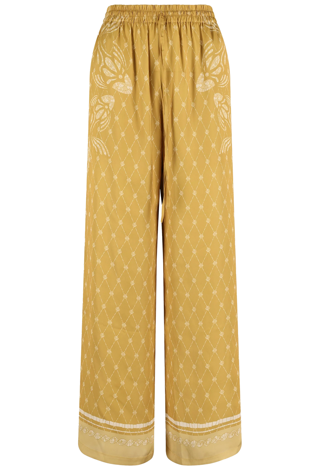 Mustard yellow pants with a subtle pattern on a white background